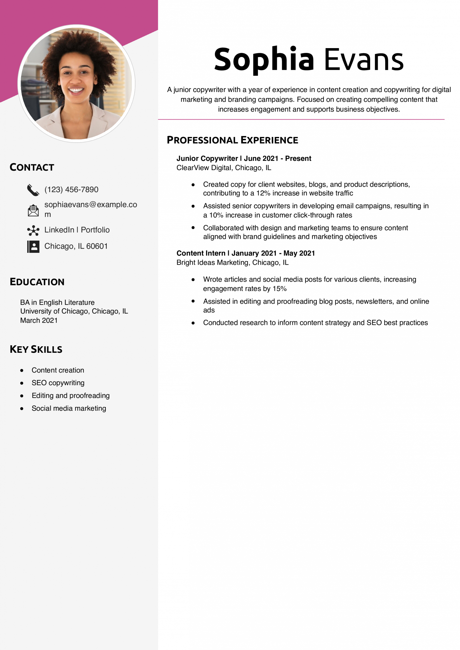 Junior Digital Copywriter Resume Example