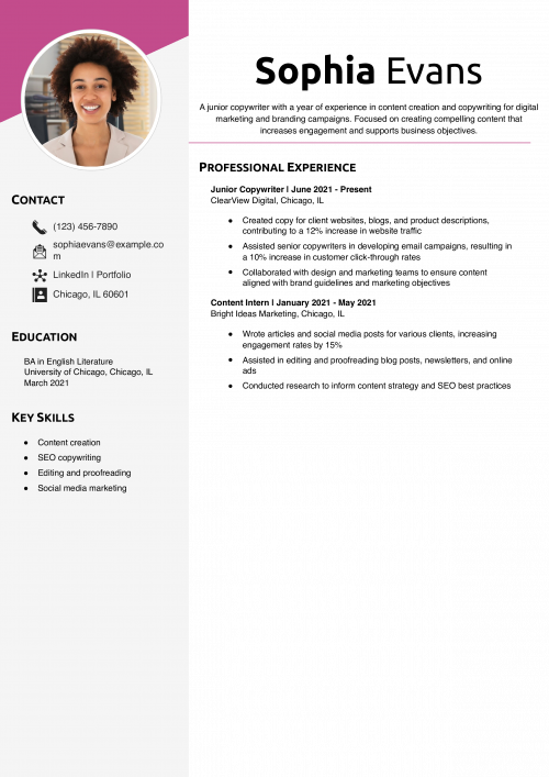Junior Digital Copywriter Resume Example