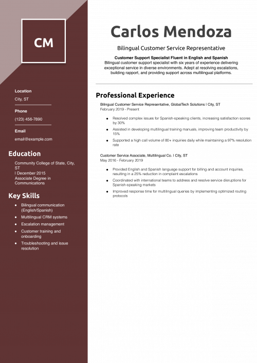 Bilingual Customer Service Representative Resume Example