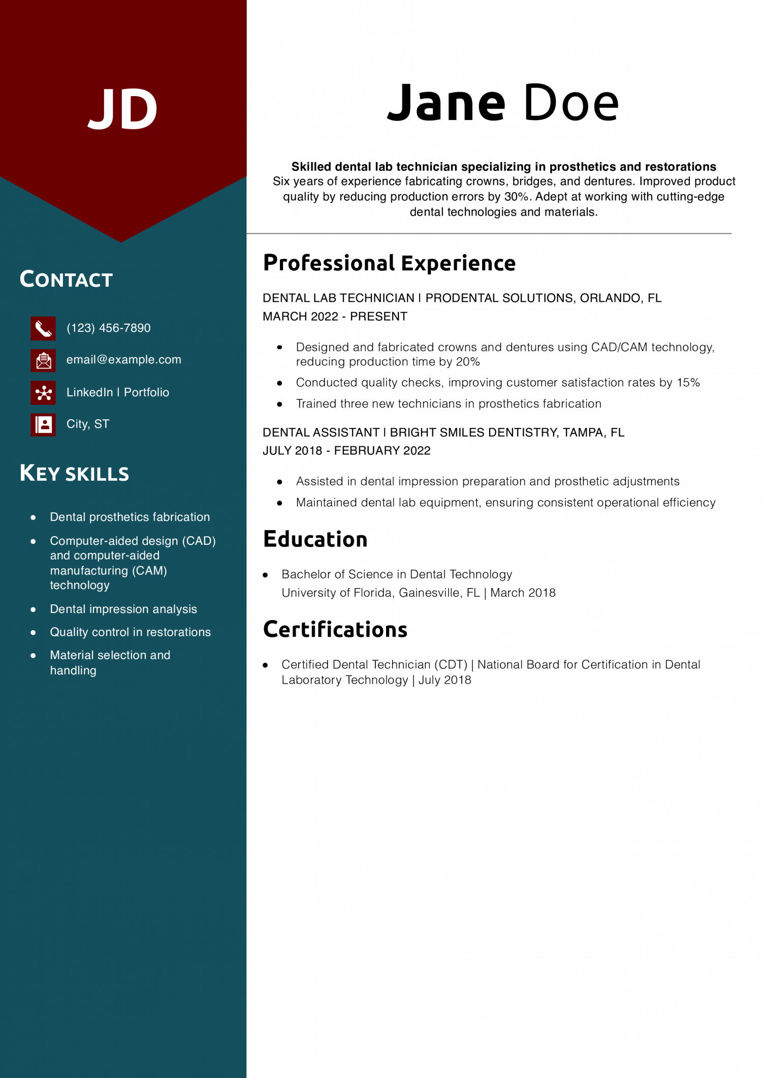 Dental Lab Technician Resume