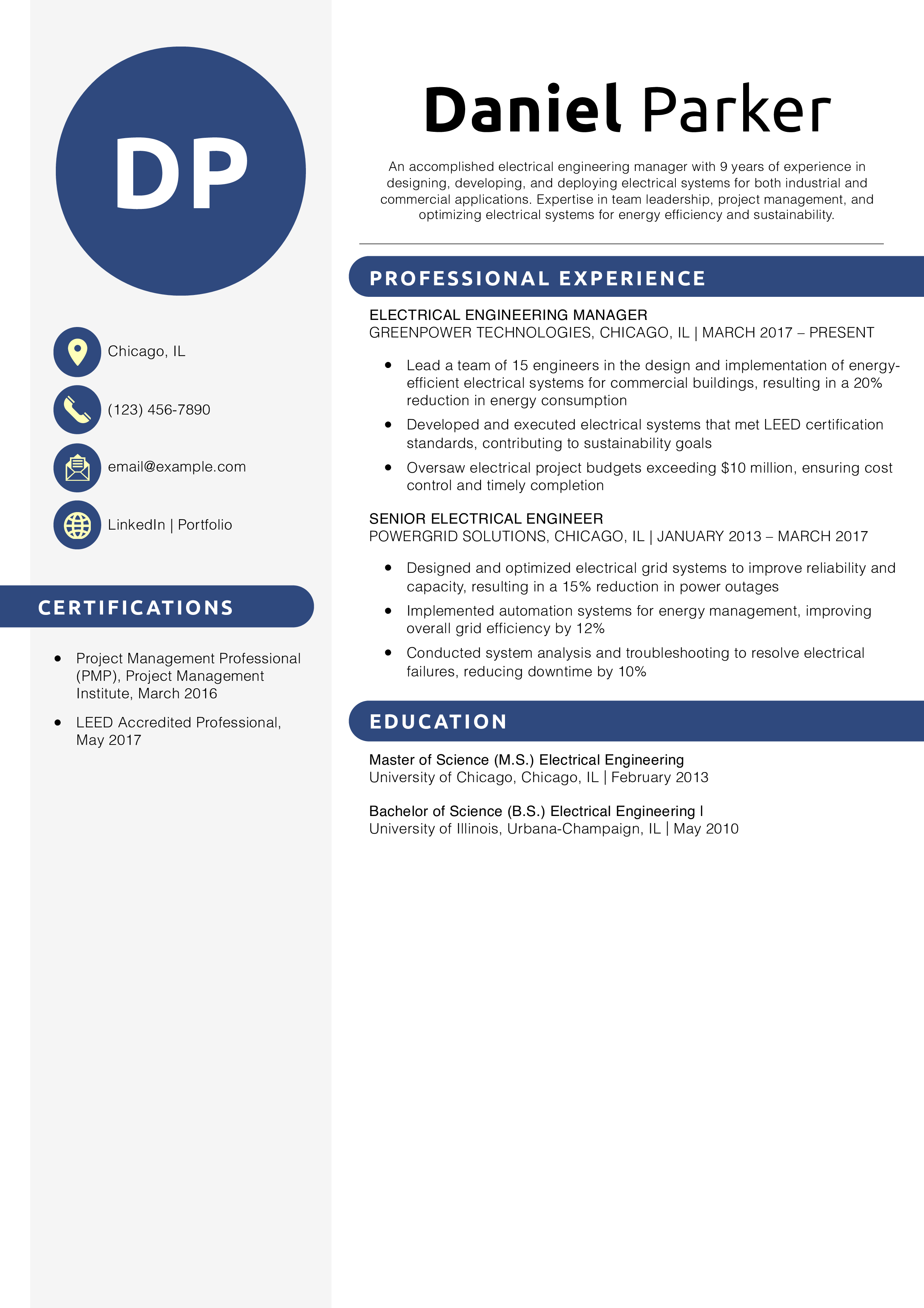  Energy Efficient Electrical Engineering Manager Resume Example