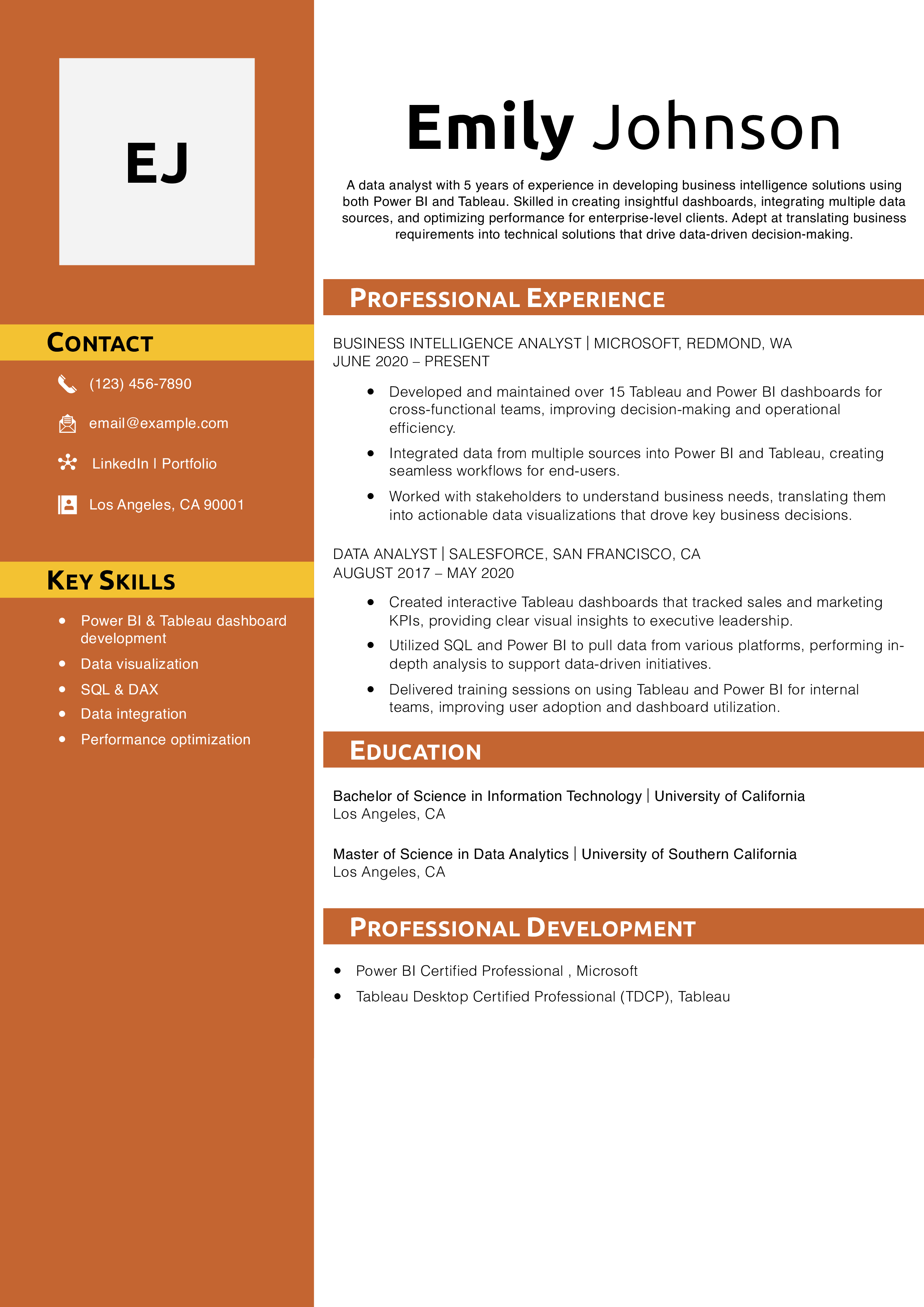 Power BI and Tableau Resume Example