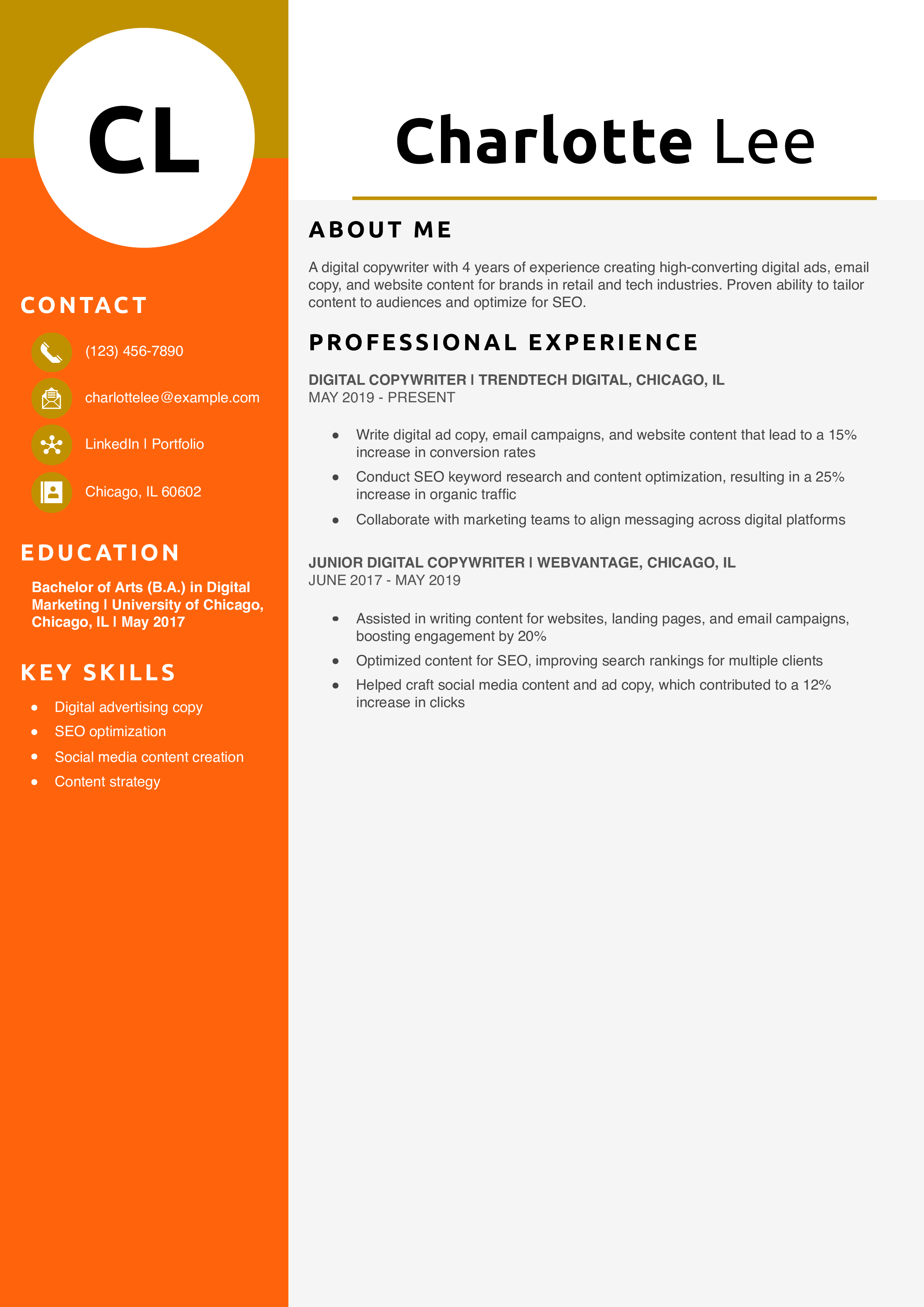 Creative Digital Copywriter Resume Example
