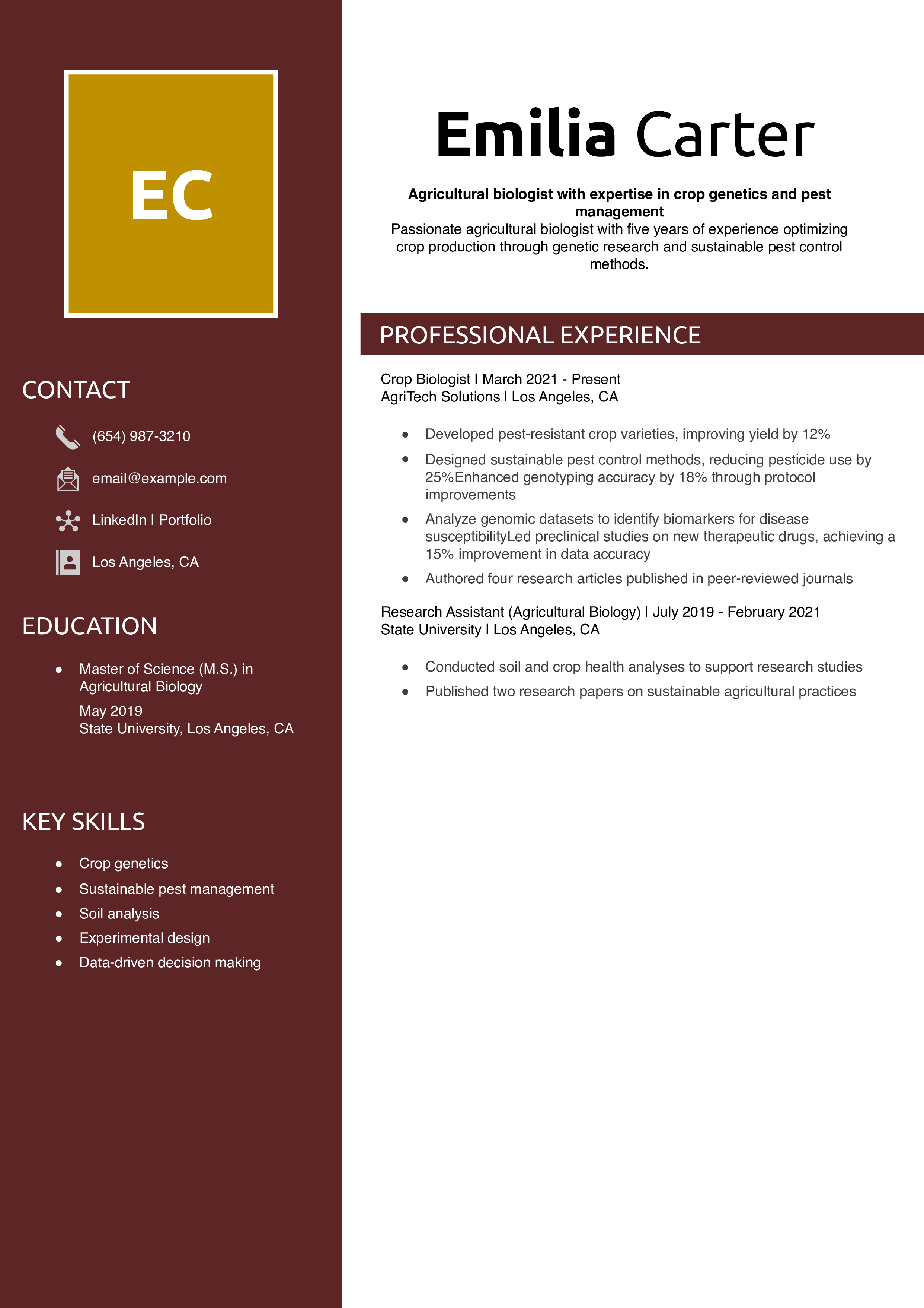 Agricultural biologist resume