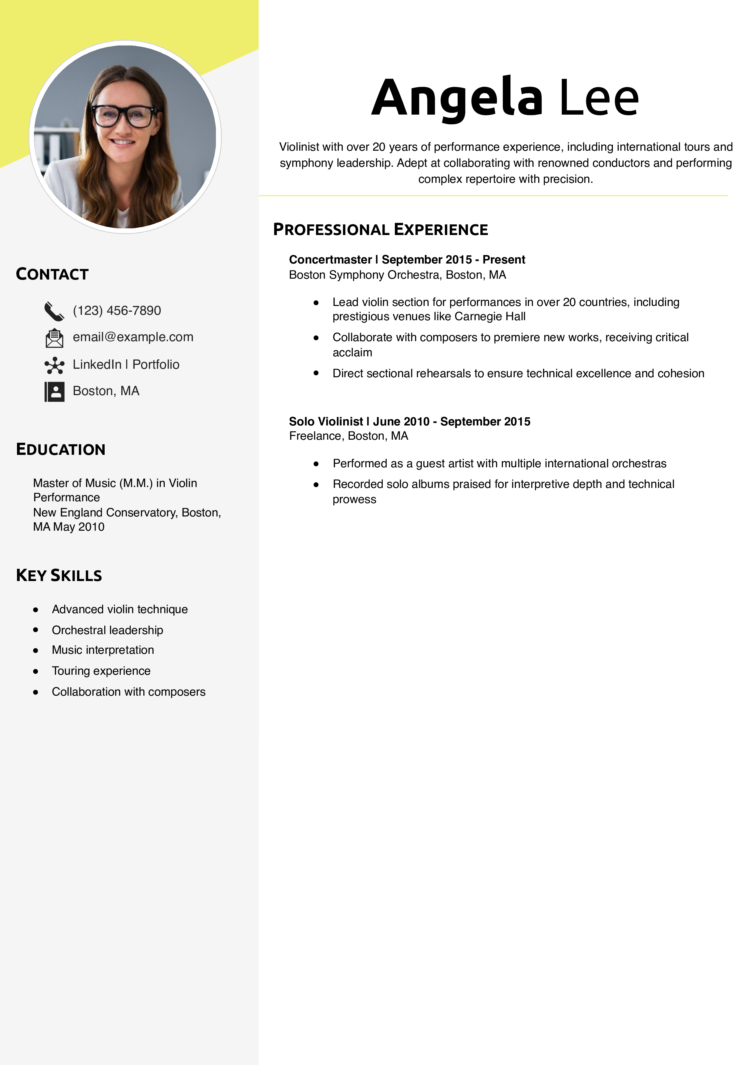 Classical music resume