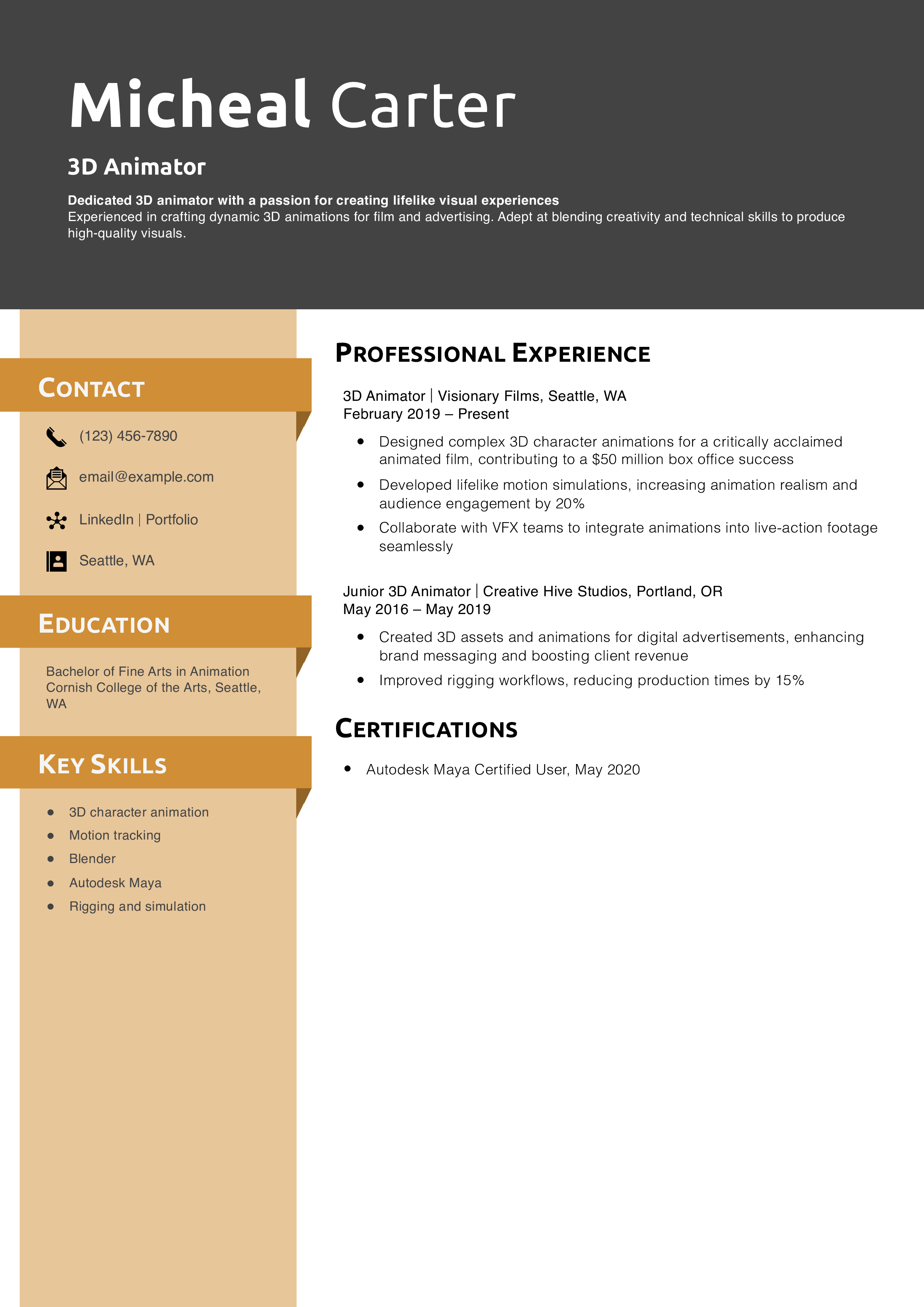 3D Animator Resume Example