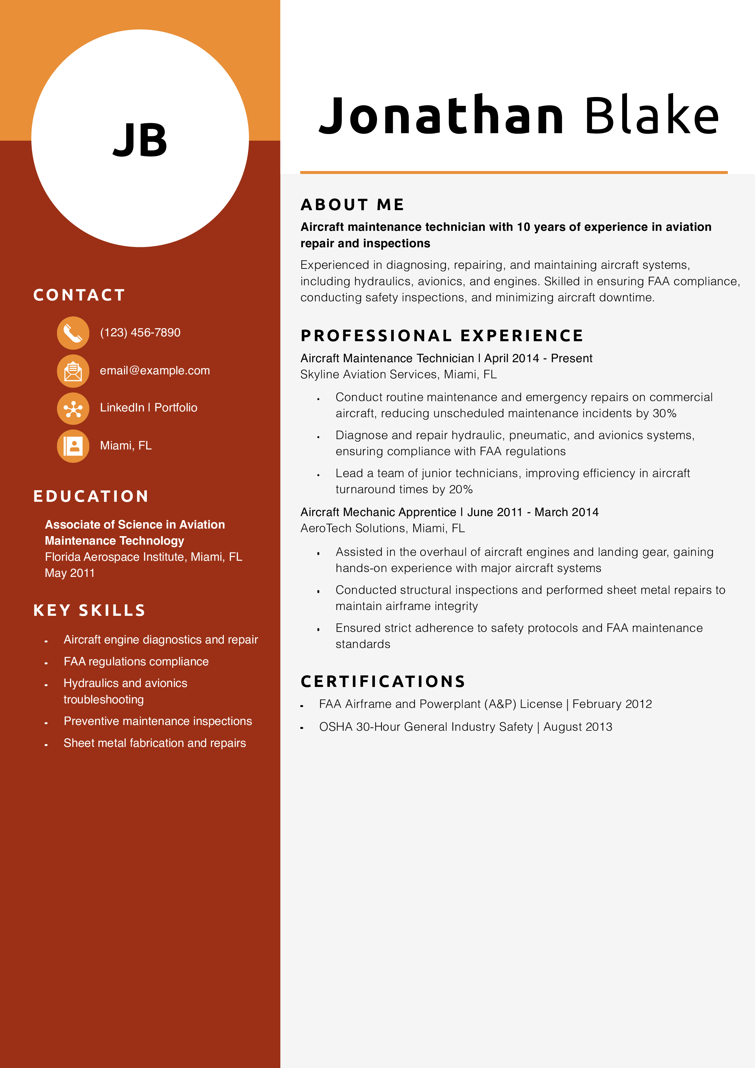 Aircraft Maintenance Technician Resume Example