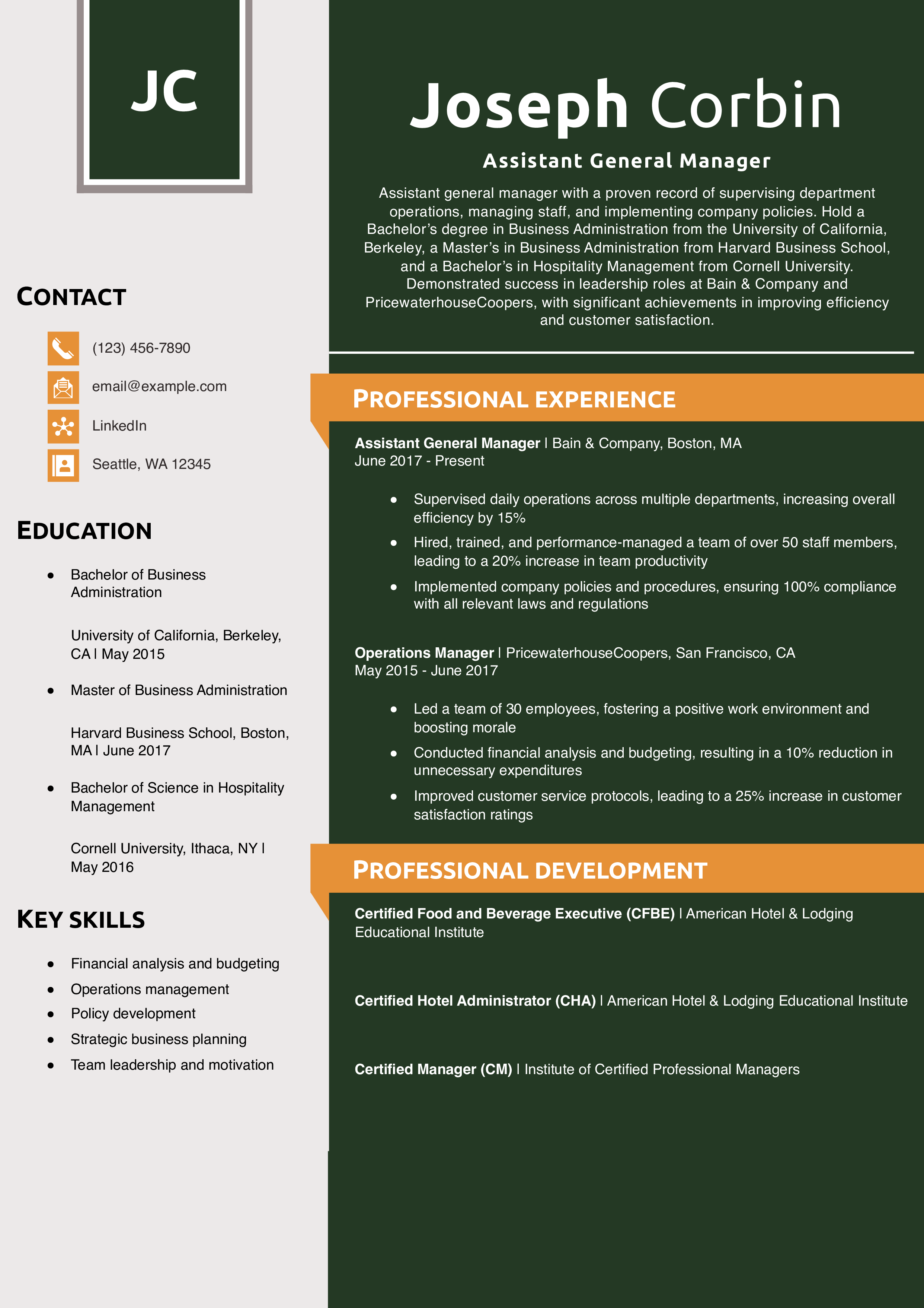Assistant General Manager Resume Example