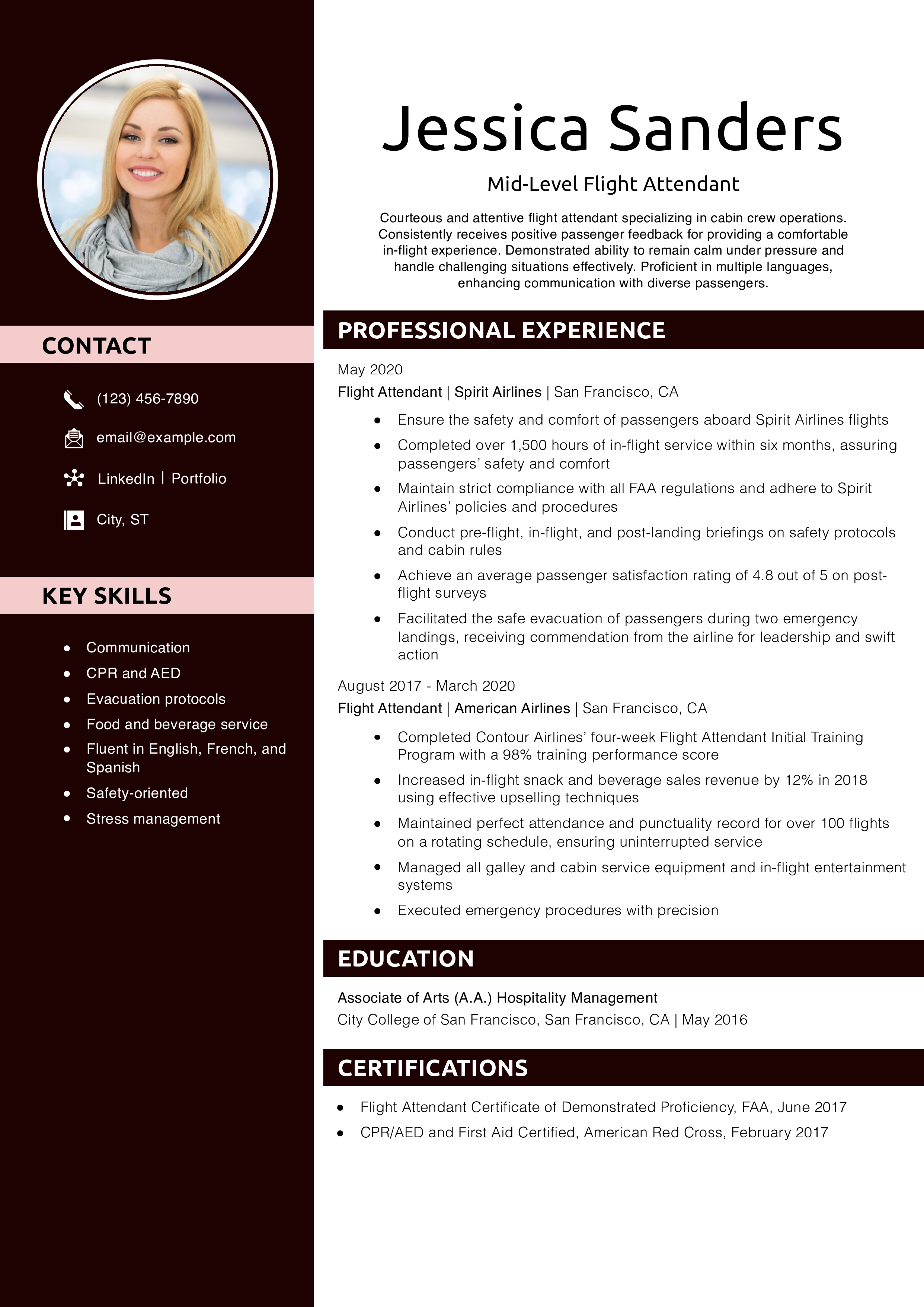 Mid-Level Flight Attendant Resume Example