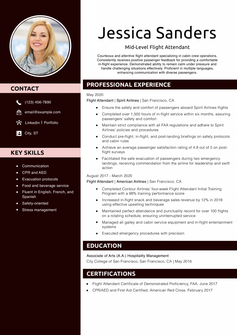 Mid-Level Flight Attendant Resume Example
