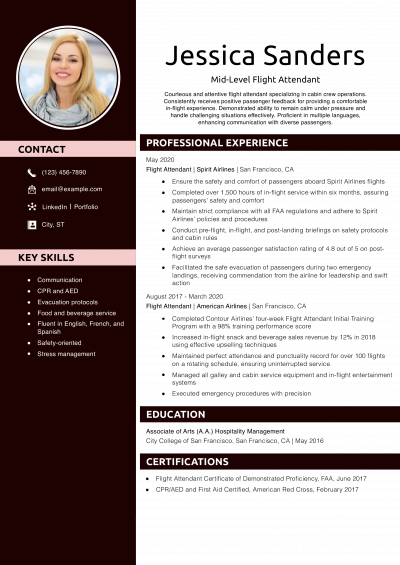 Mid-Level Flight Attendant Resume Example