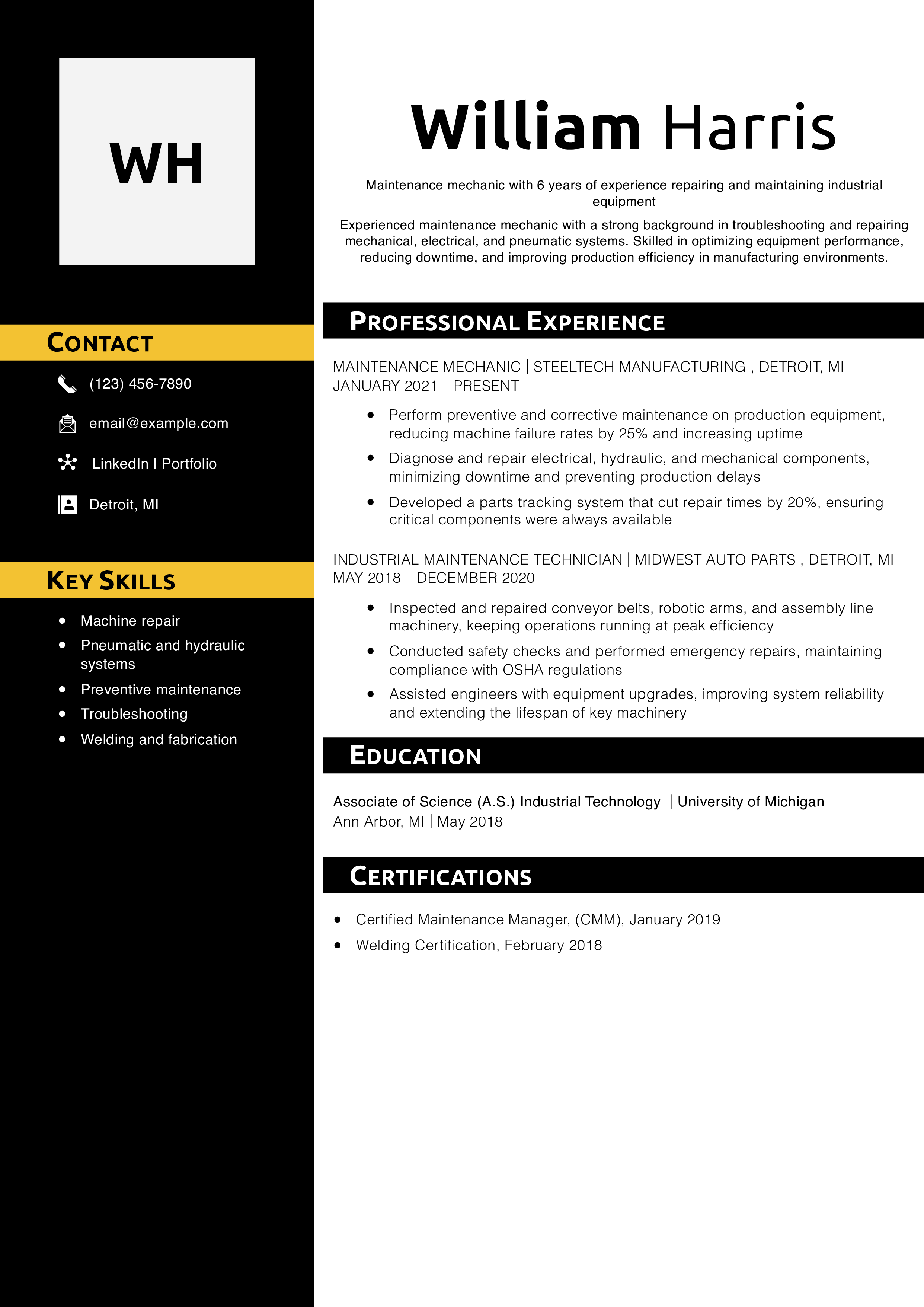 Maintenance Mechanic Resume Example