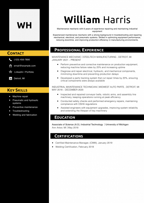 Maintenance Mechanic Resume Example