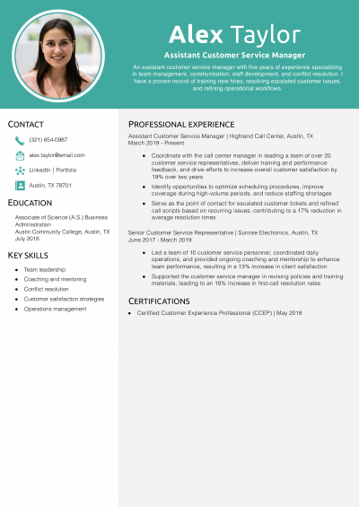 Assistant Customer Service Manager Resume Example
