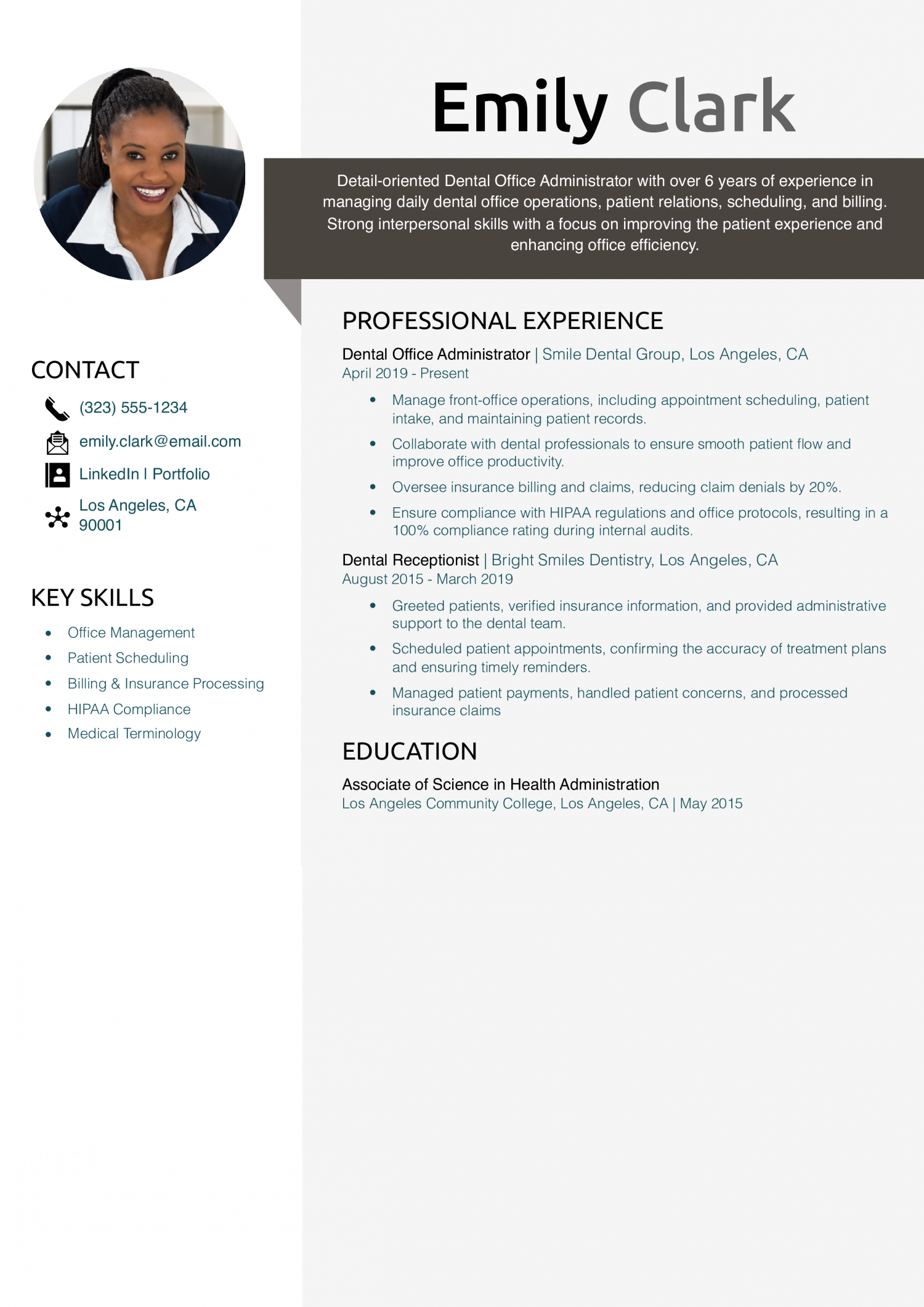 Dental Office Administrator Resume Example