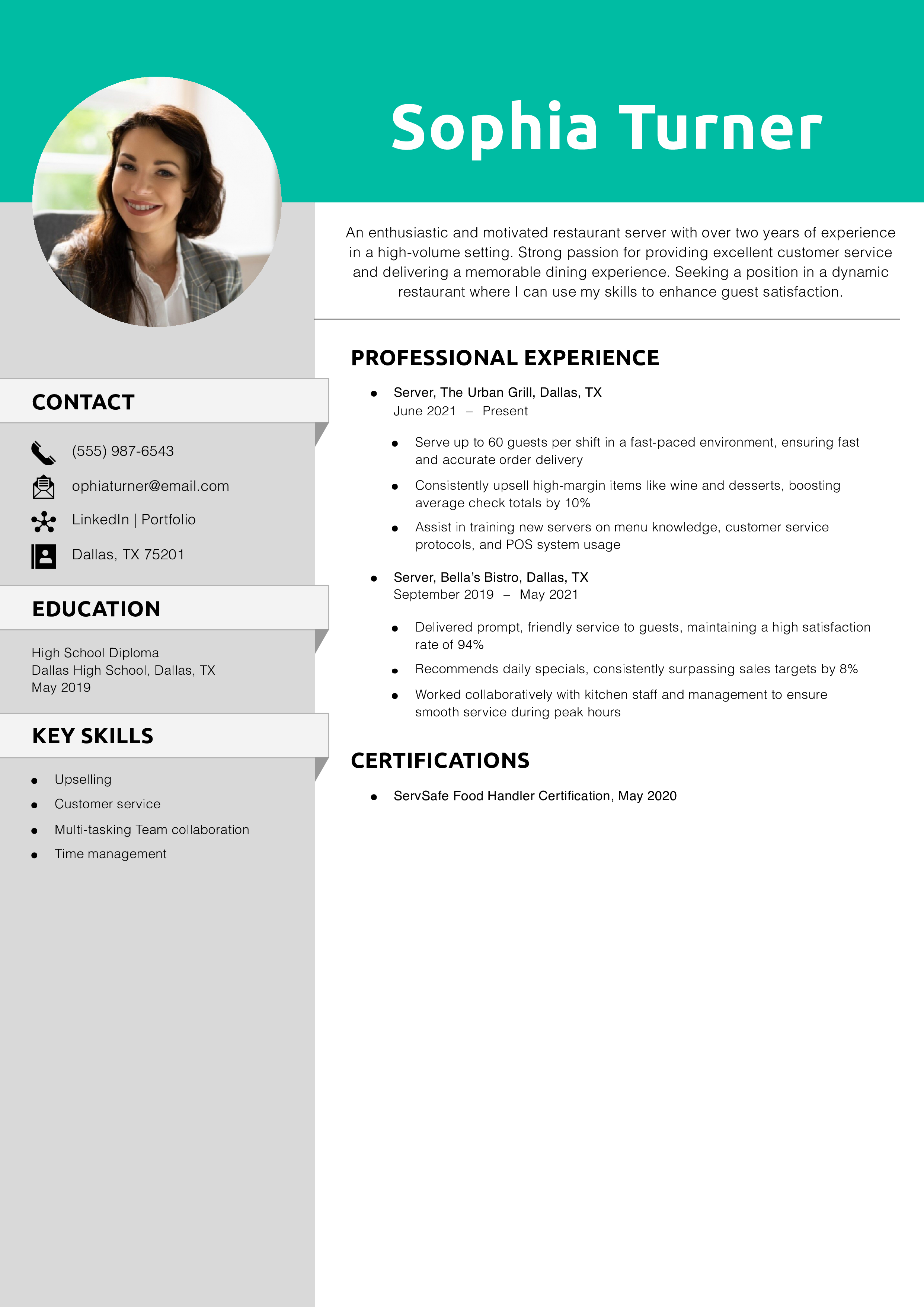 Restaurant Server Objective Resume Example