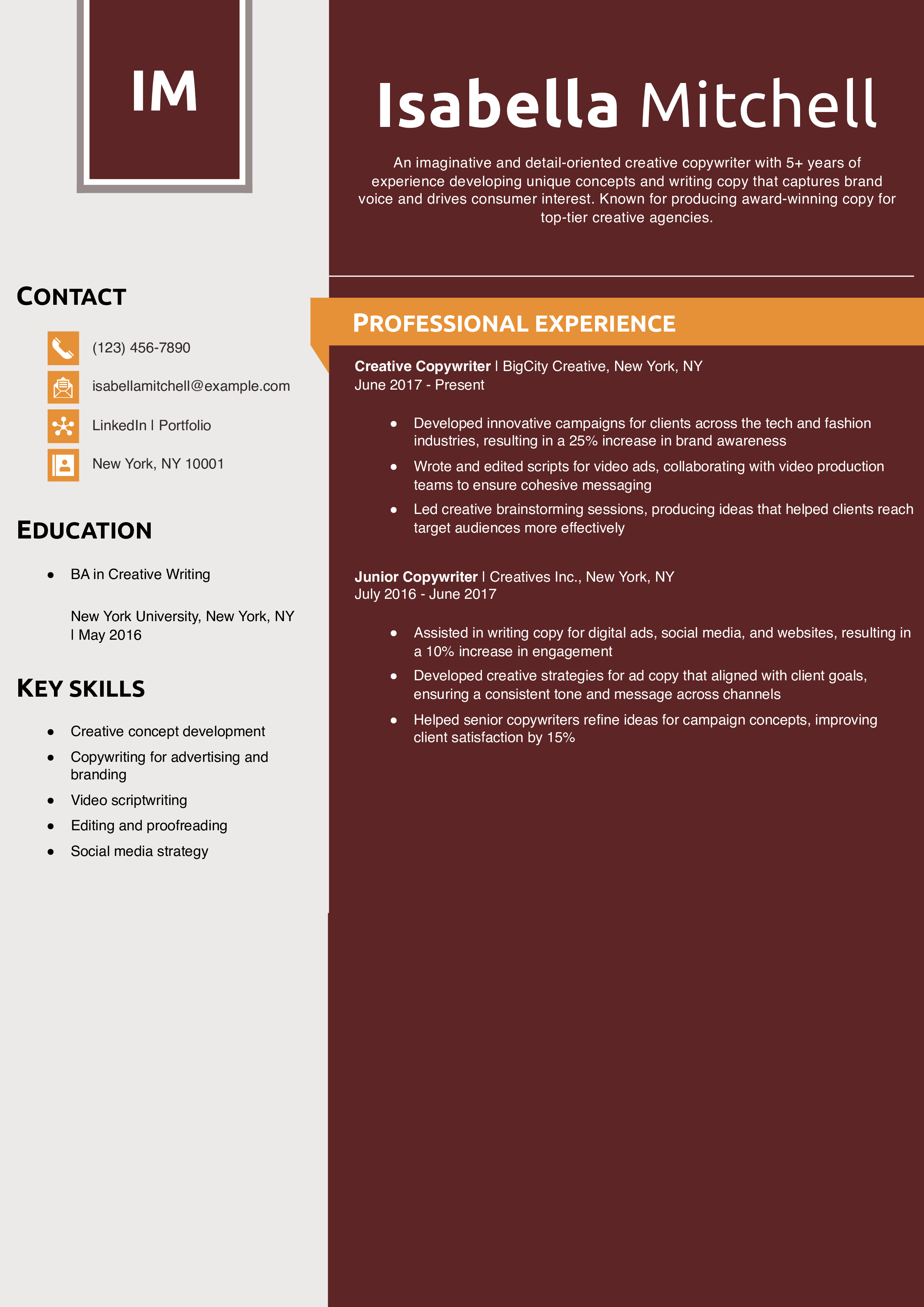 Creative Copywriter Resume Example