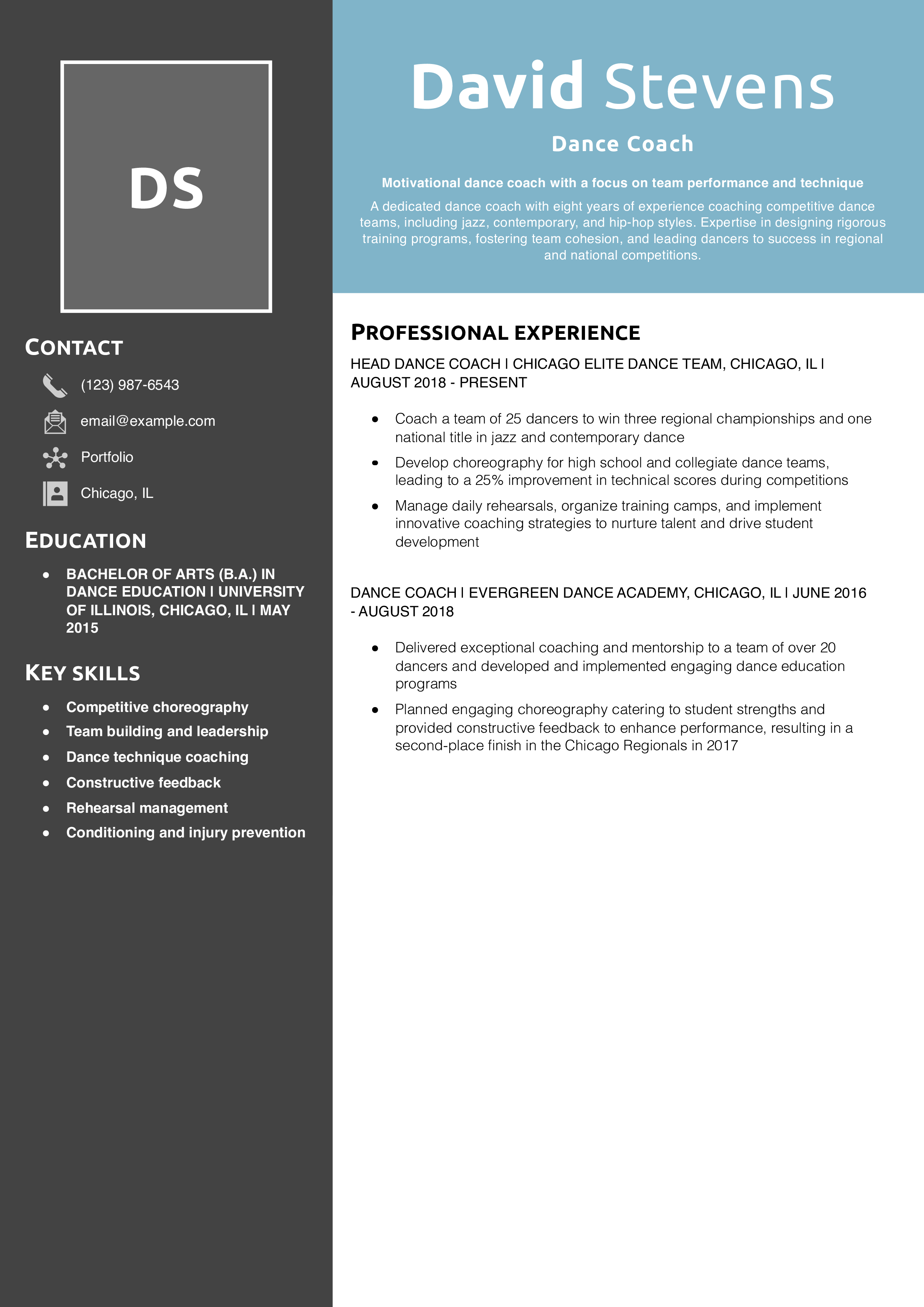 Dance Coach Resume Example