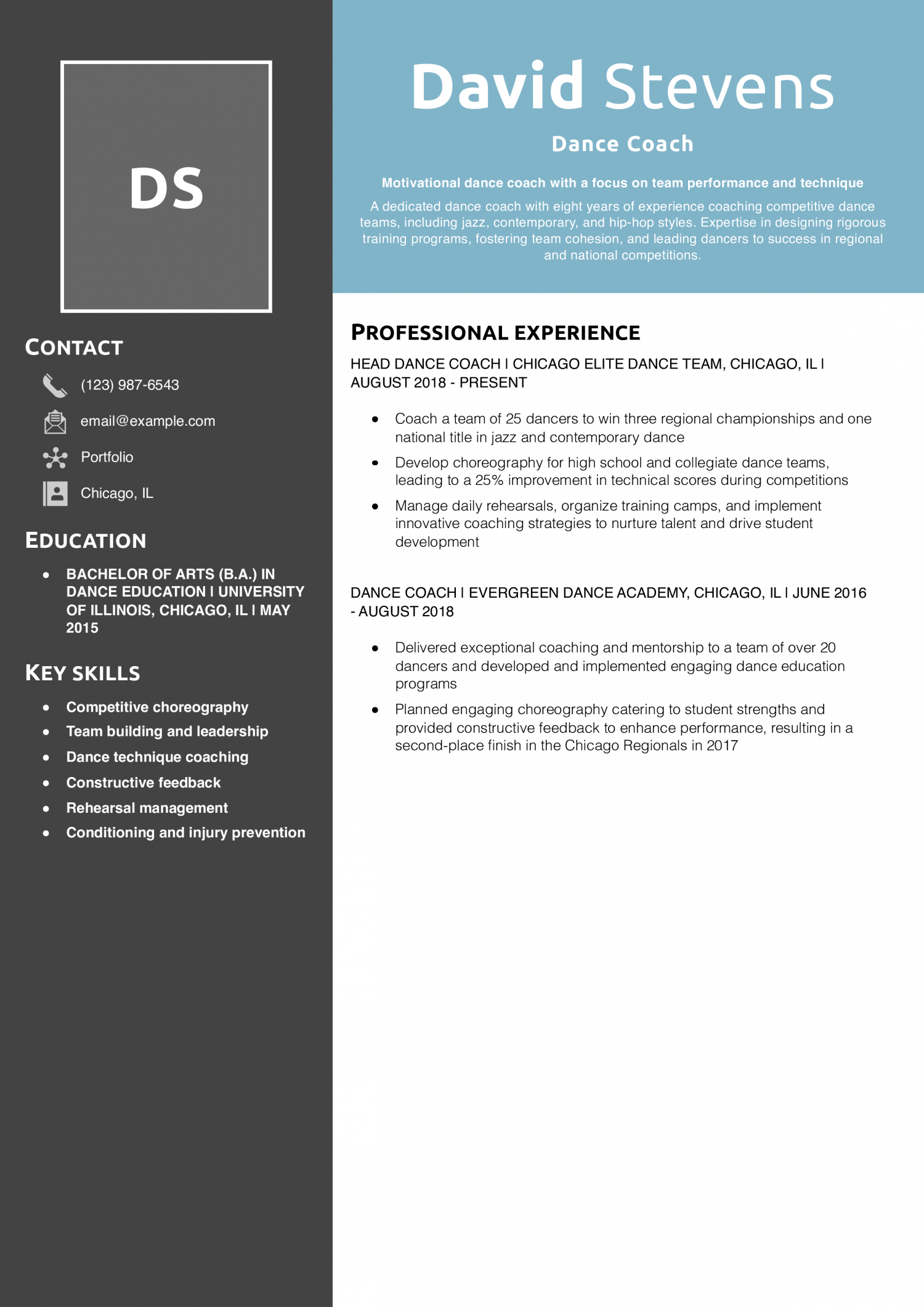 Dance Coach Resume Example