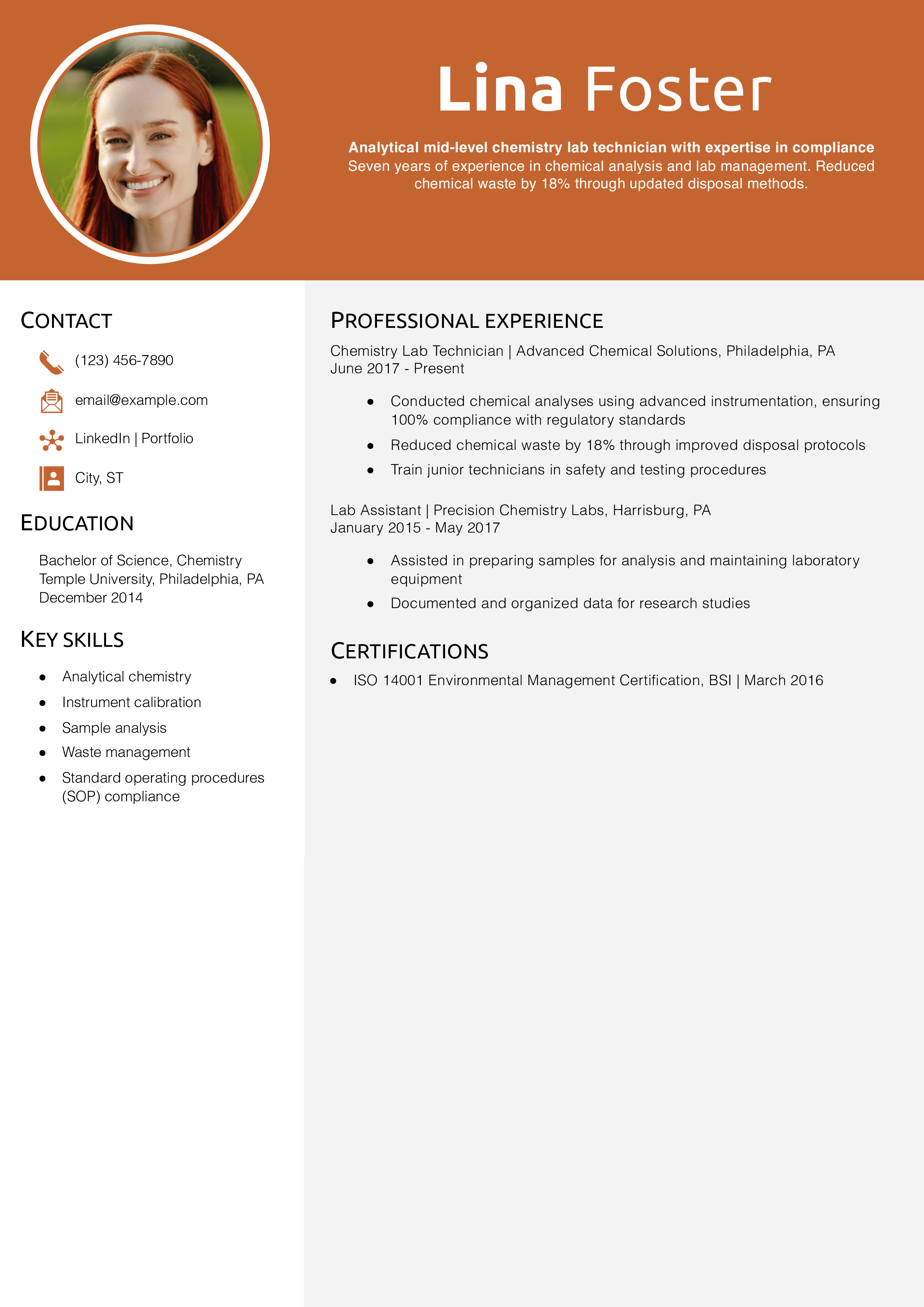 Mid-Level Chemistry Lab Technician Resume