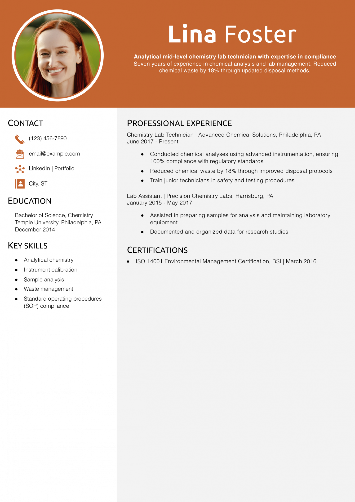 Mid-Level Chemistry Lab Technician Resume