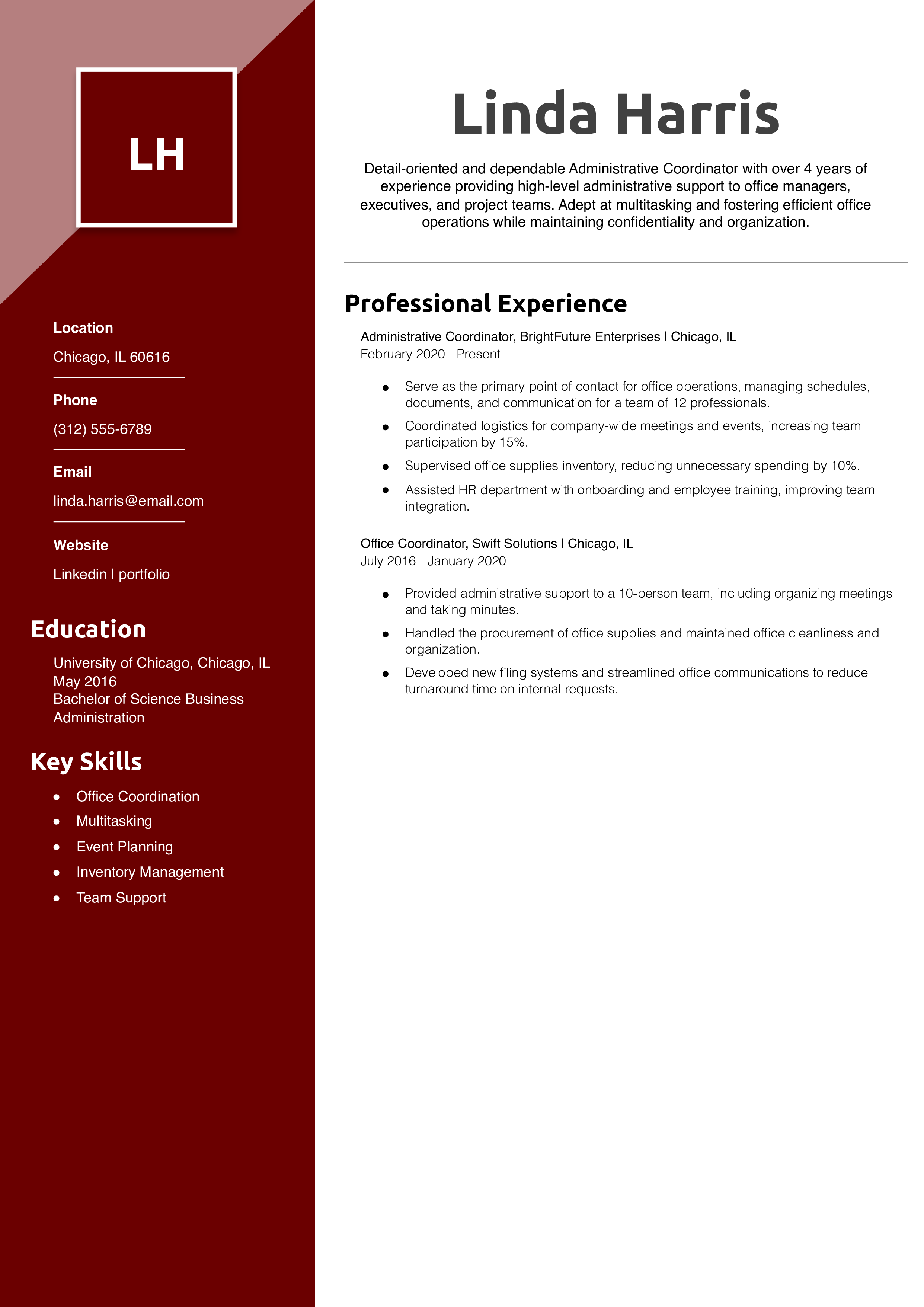 Administrative Coordinator Office Coordinator Resume Example