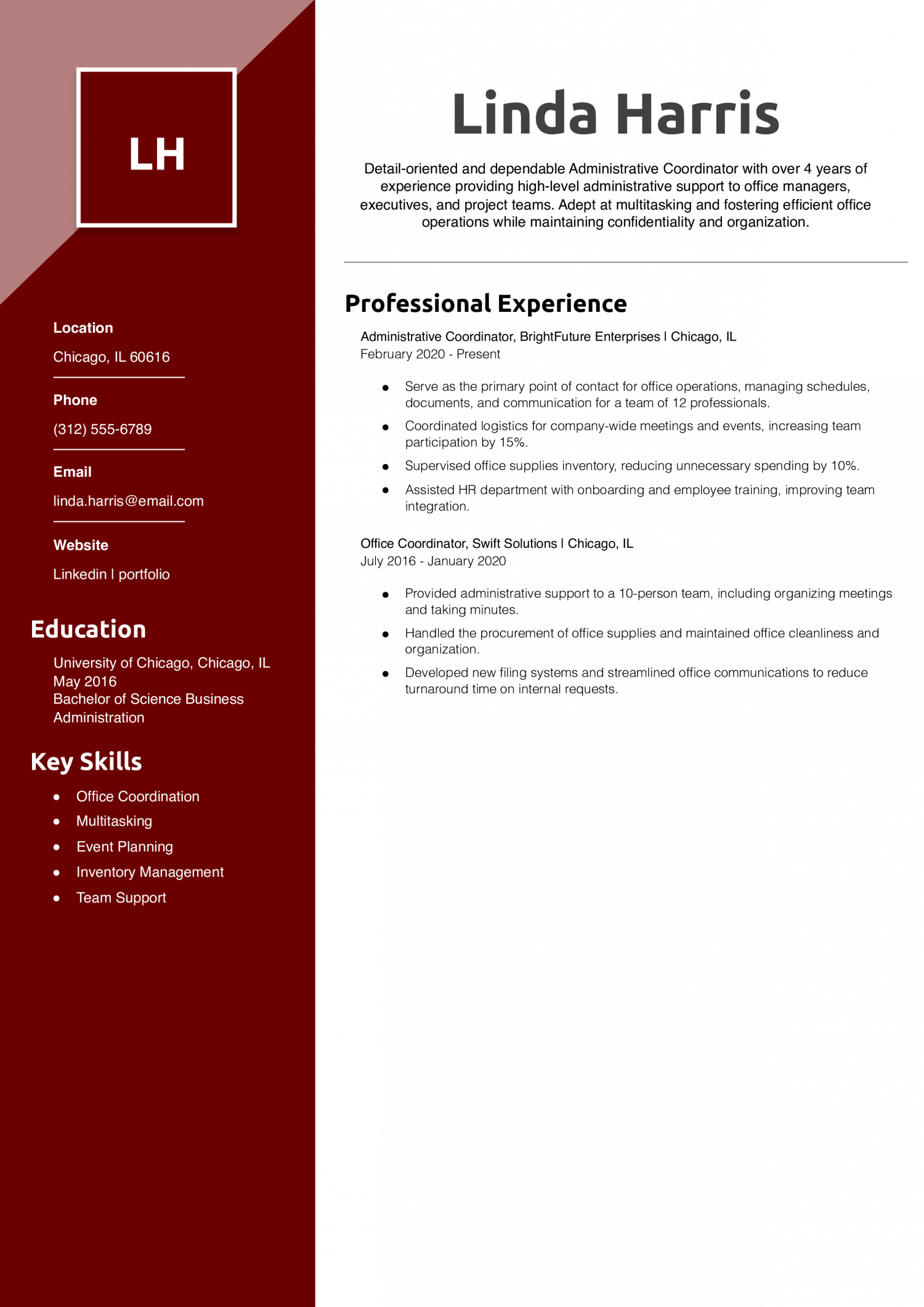 Administrative Coordinator Office Coordinator Resume Example