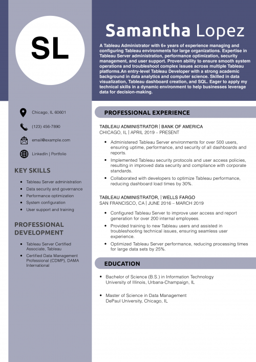 Tableau Administrator Resume Example