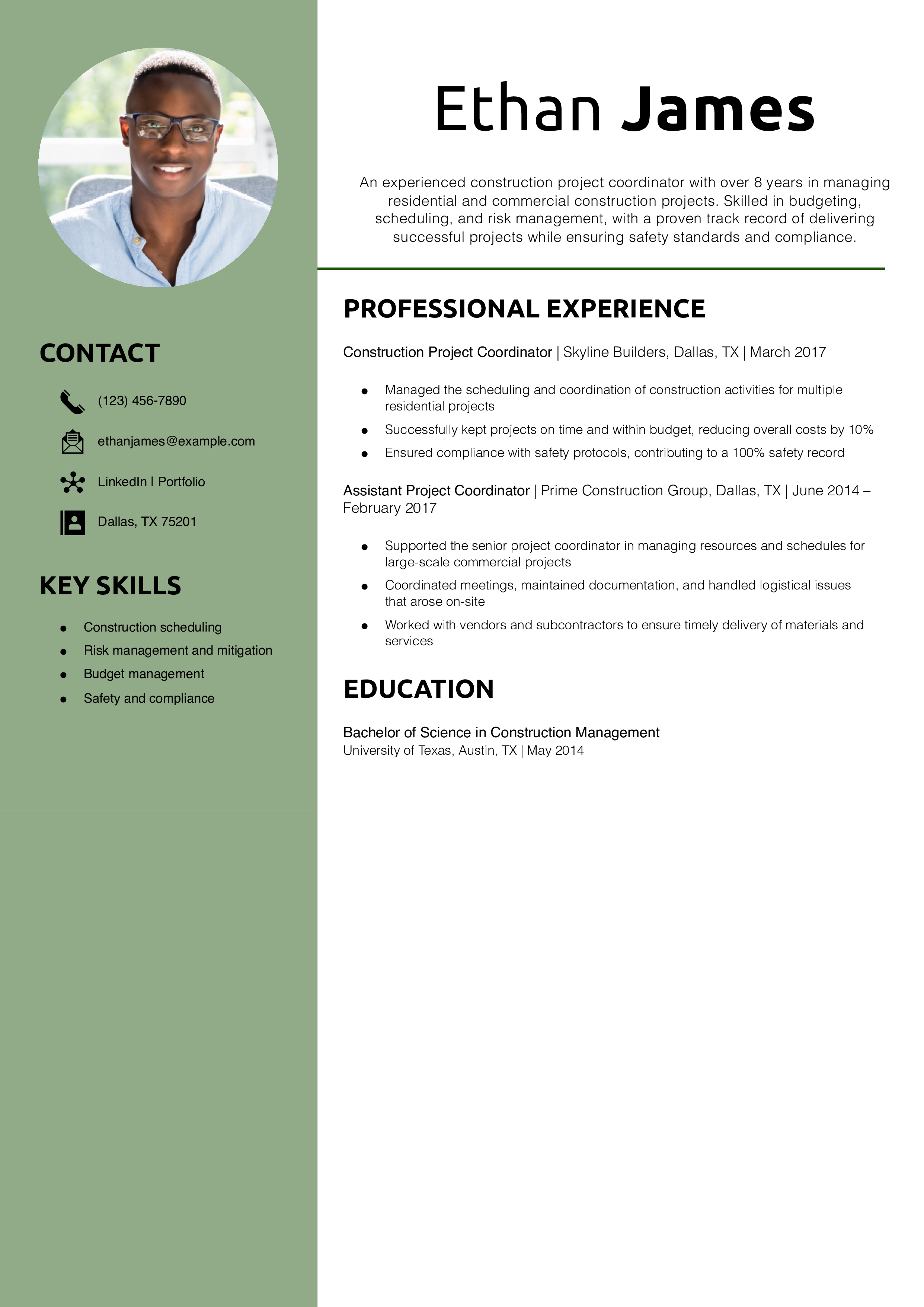Construction Project Coordinator Resume Example