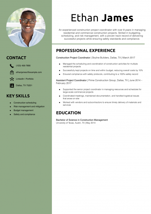 Construction Project Coordinator Resume Example