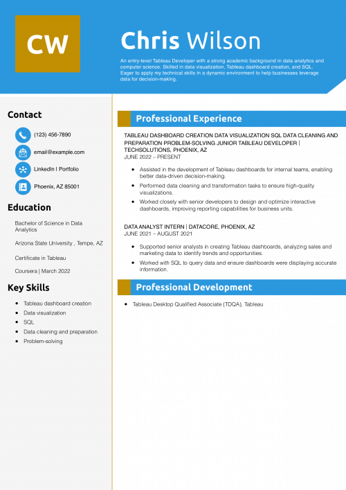 Entry-Level Tableau Developer Resume Example