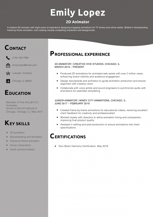 2D Animator Resume Example
