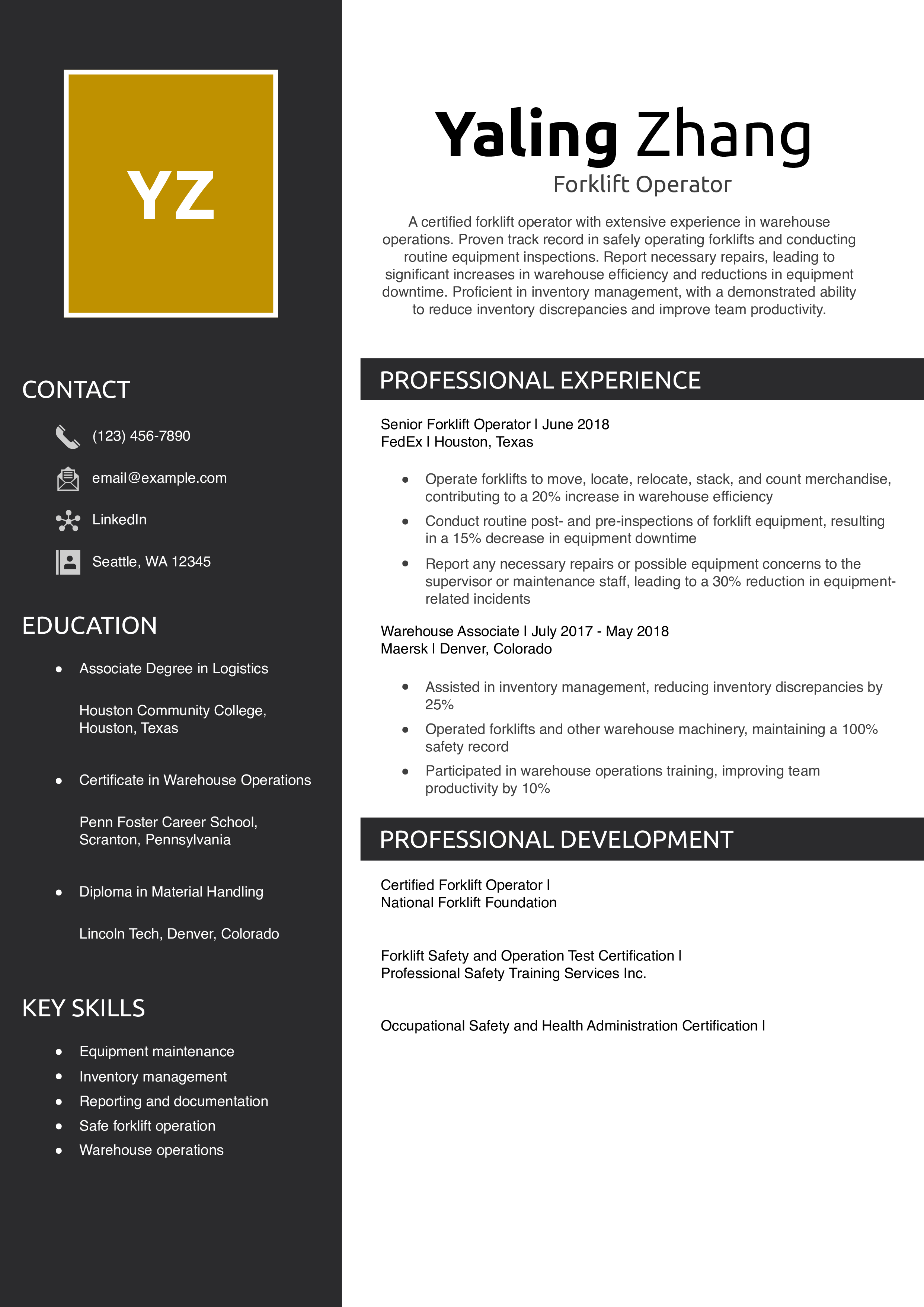 Forklift Operator Resume Example