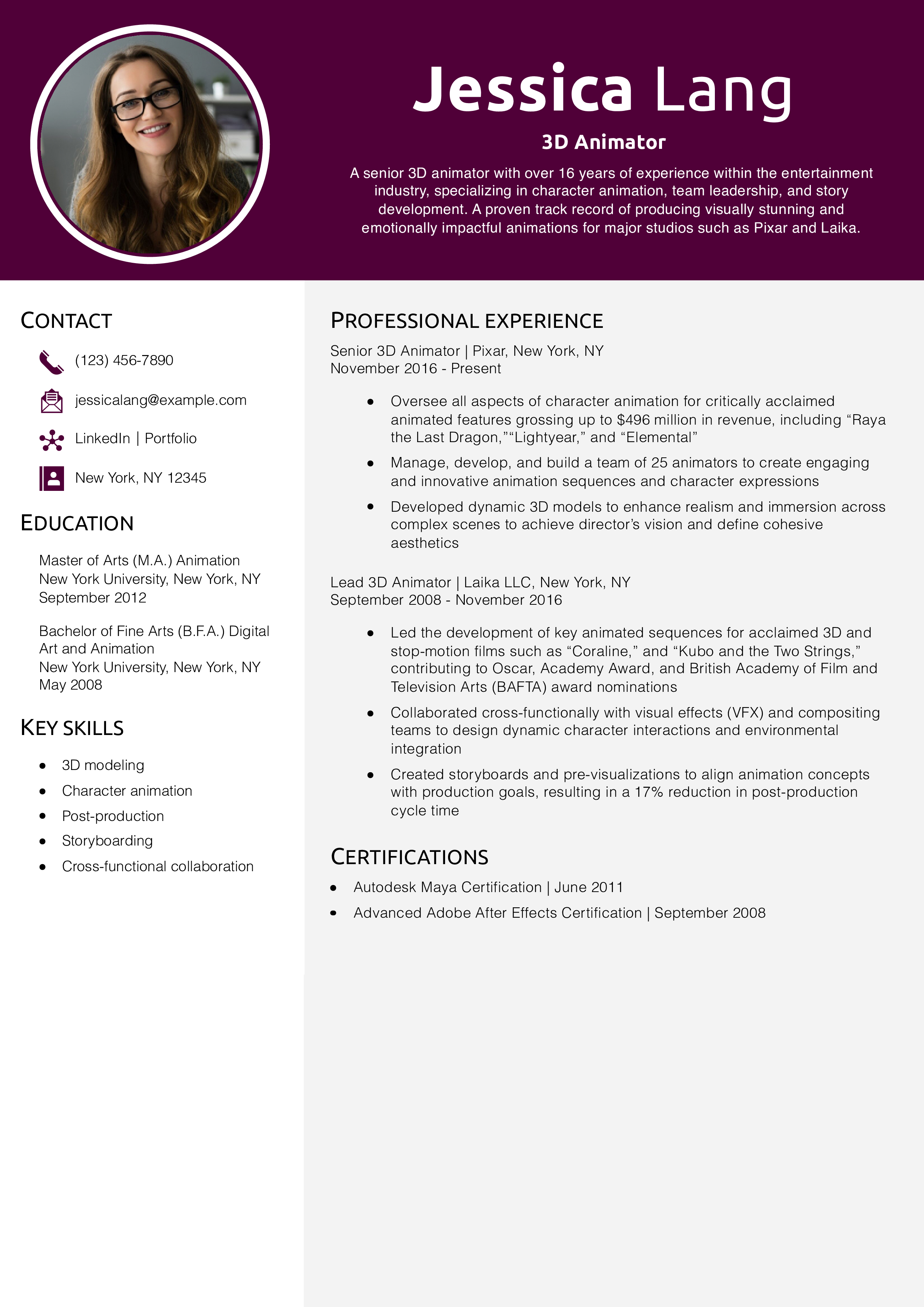 3D Animator Resume Example