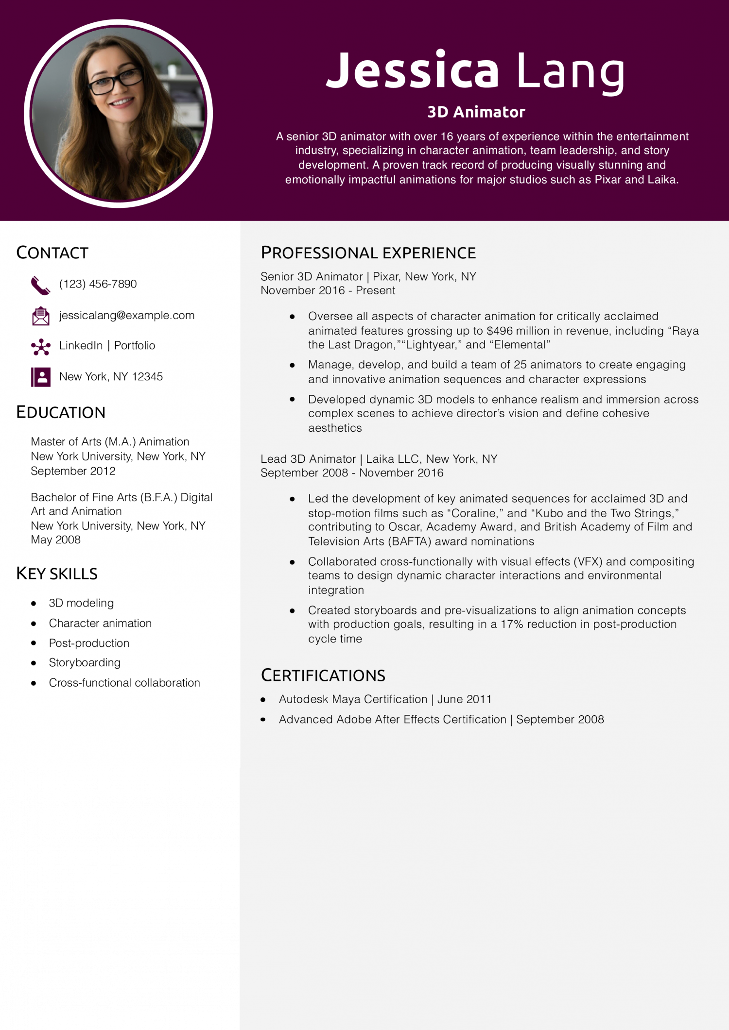 3D Animator Resume Example