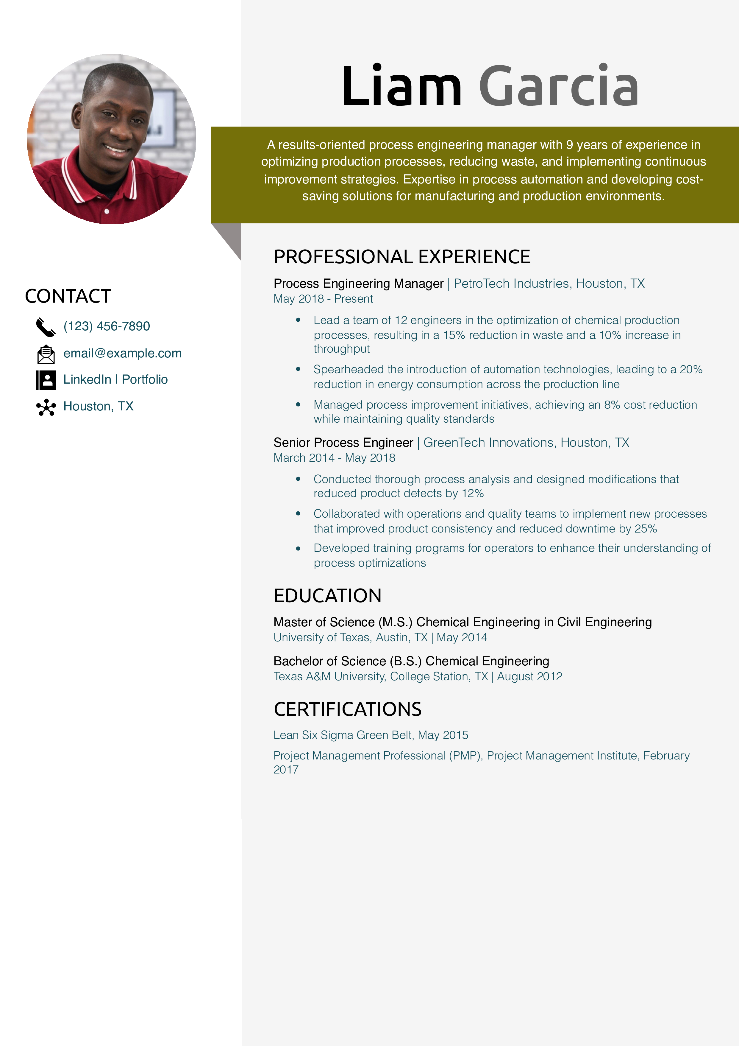 Process Engineering Manager Resume Example