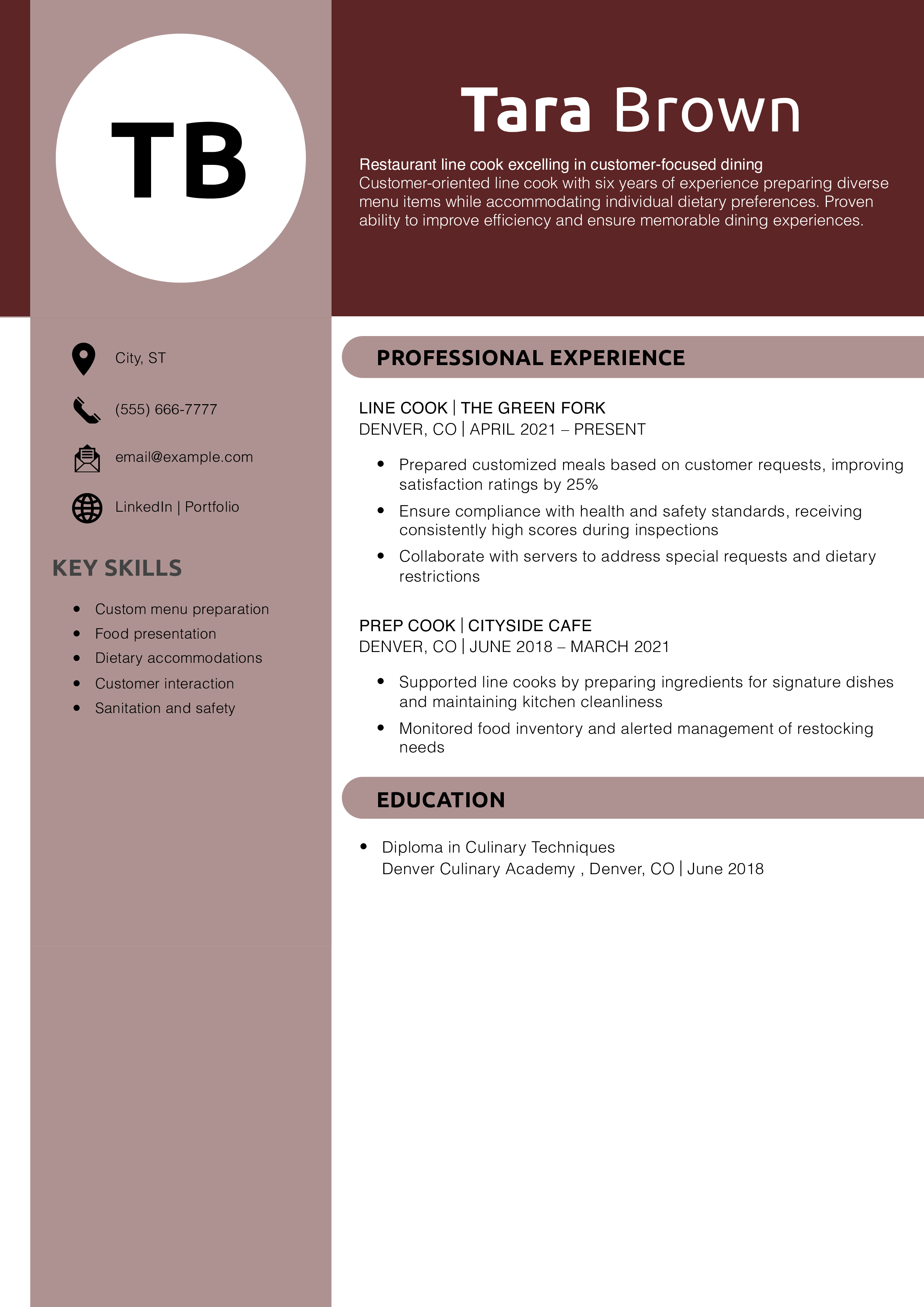 Restaurant line cook resume