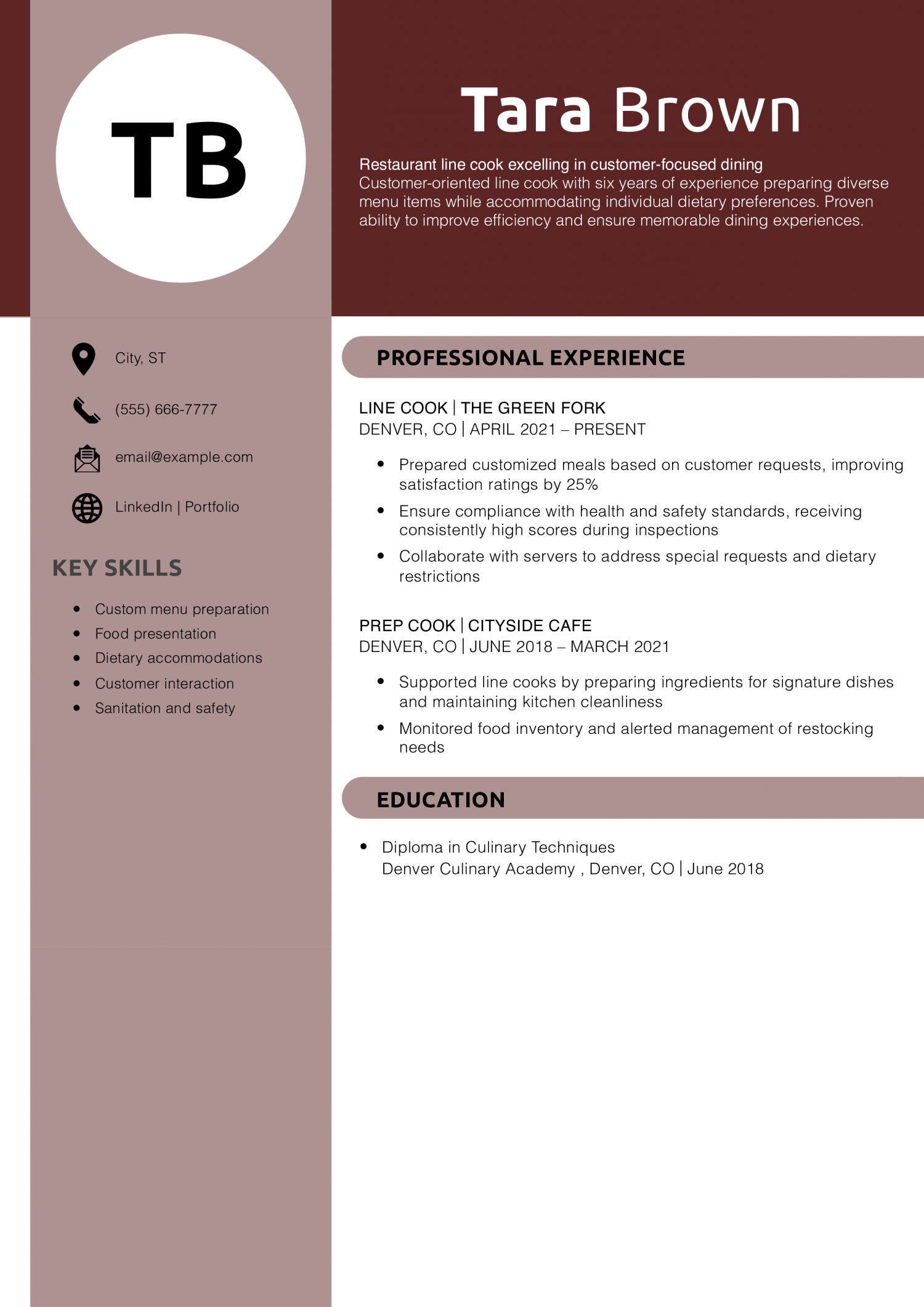 Restaurant line cook resume