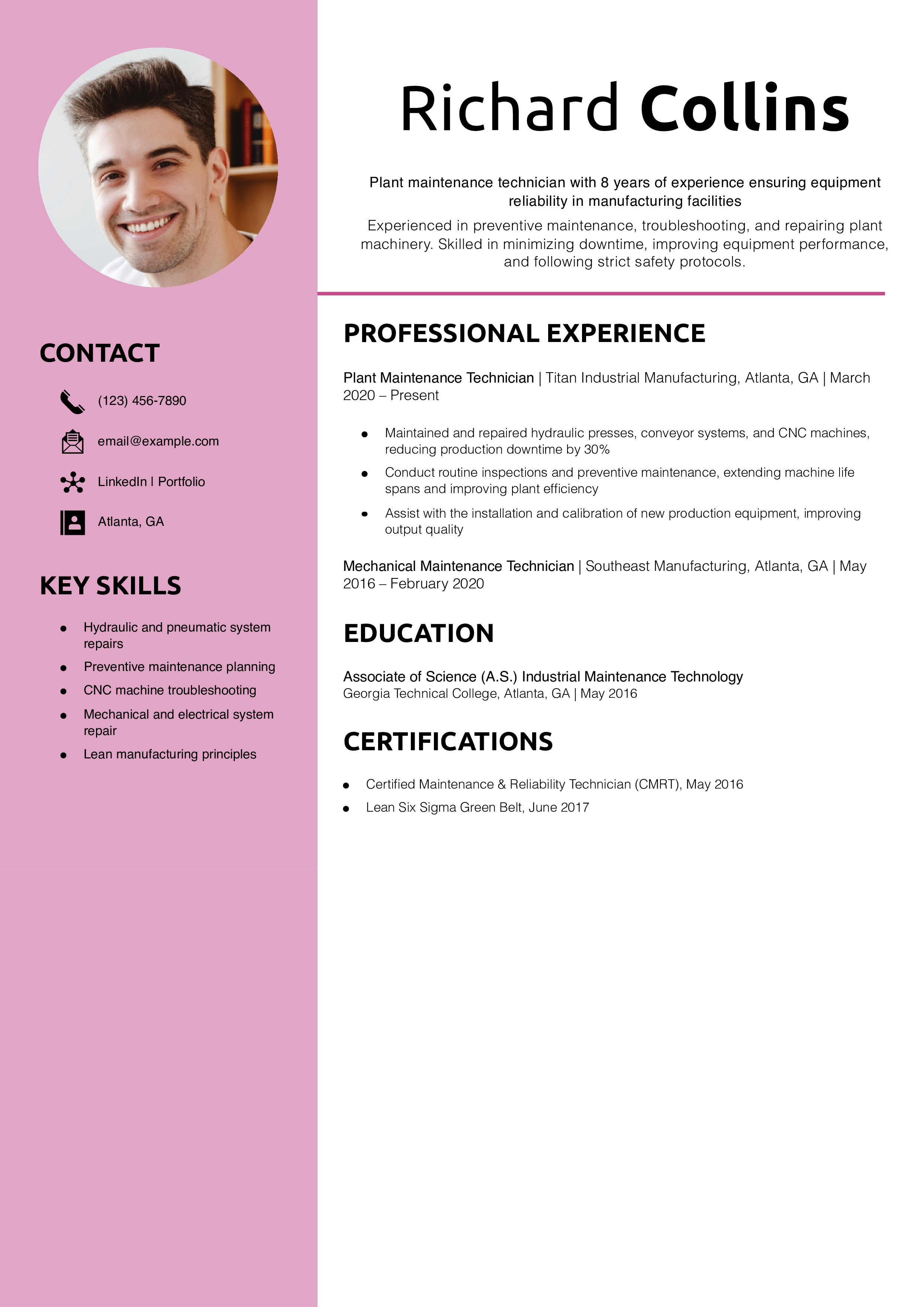 Plant Maintenance Technician Resume Example
