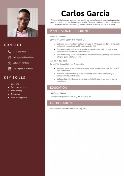 Upscale Restaurant Server Resume Example