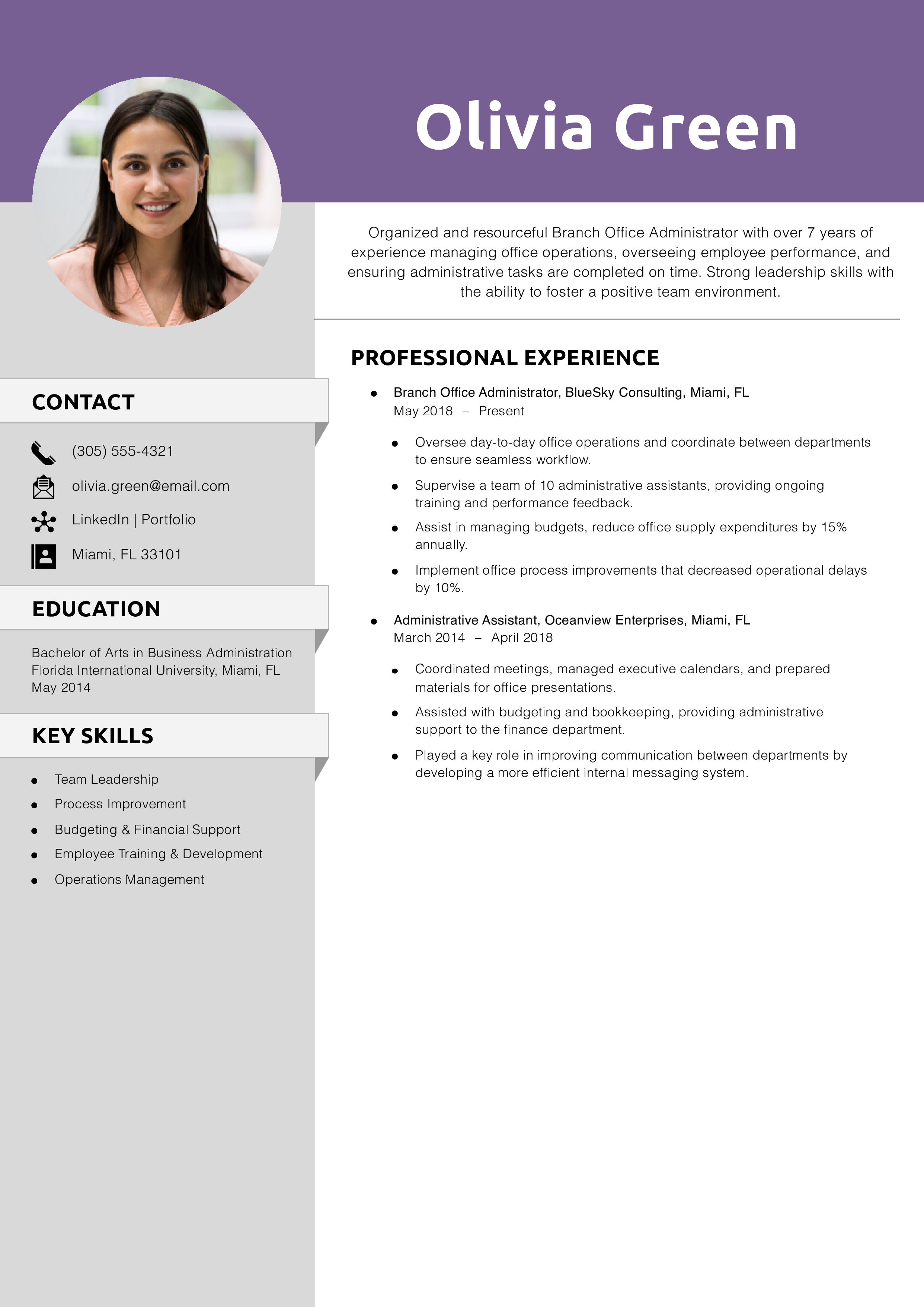 Branch Office Administrator Resume Example