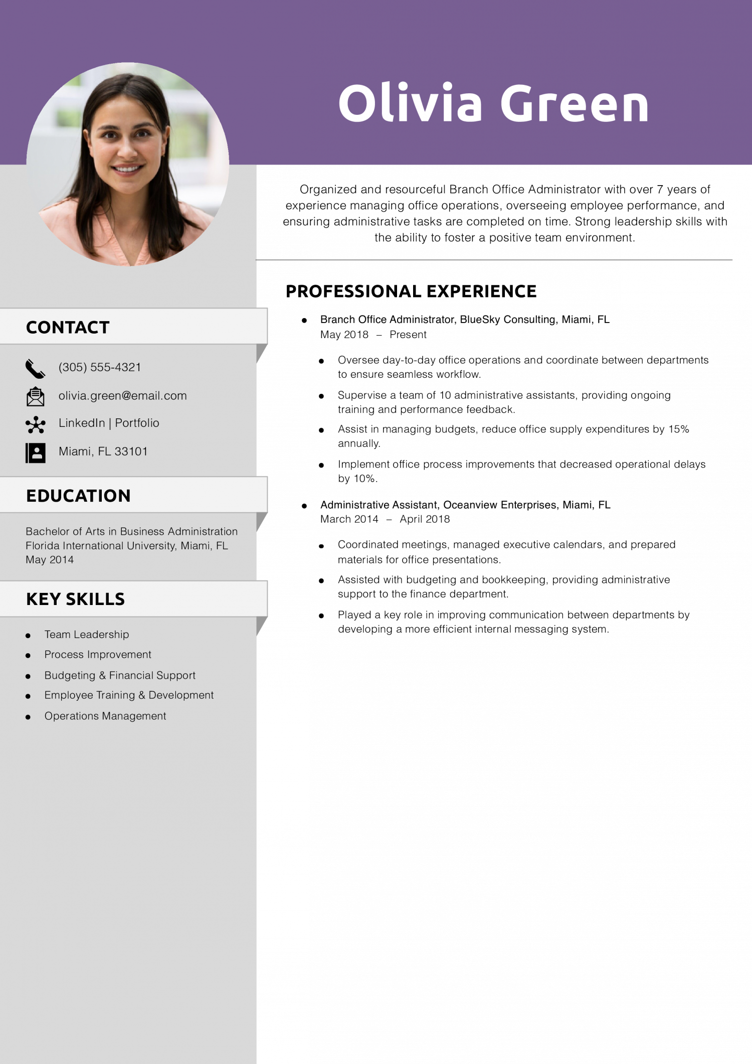 Branch Office Administrator Resume Example