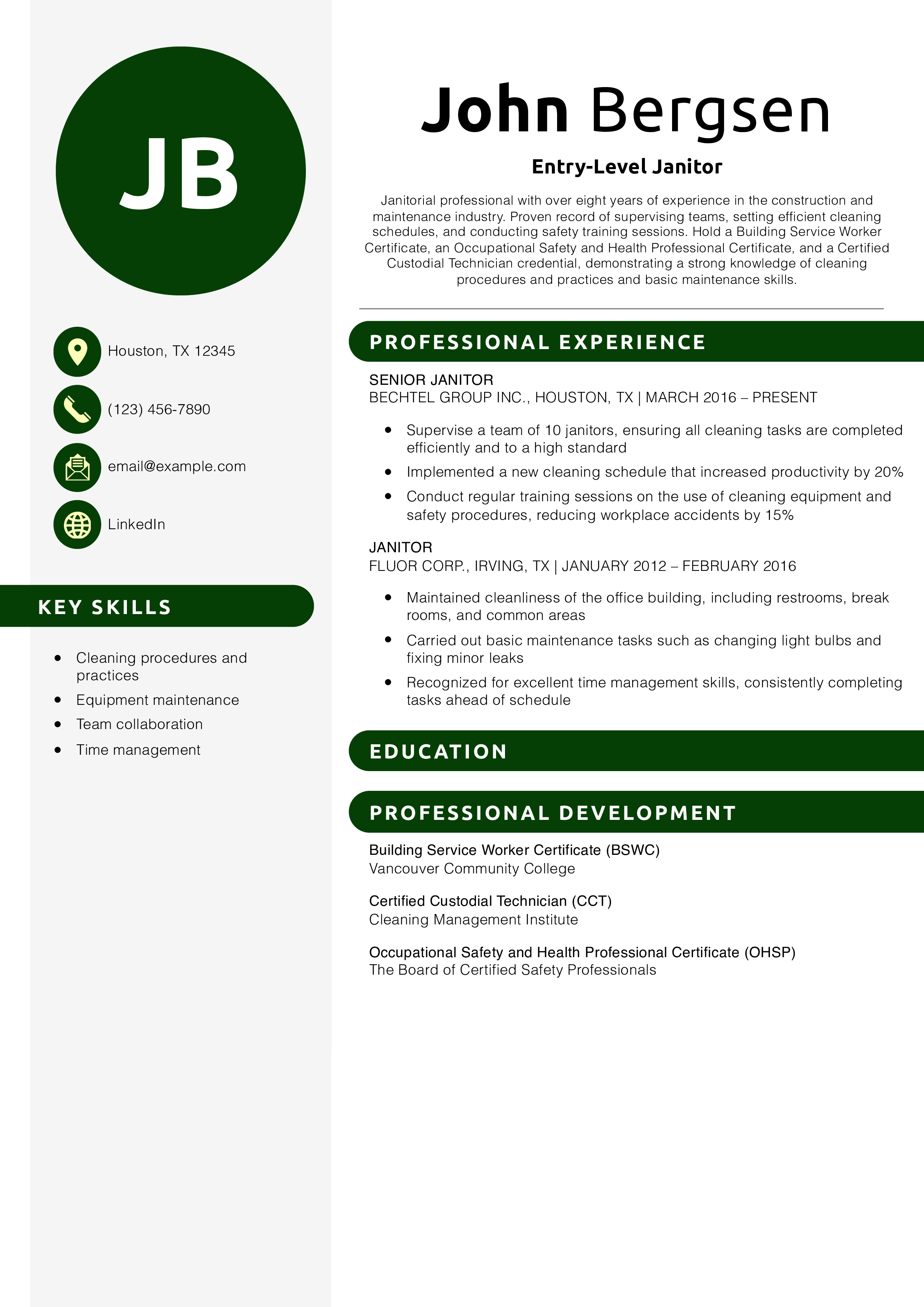 Entry-Level Janitor Resume Example