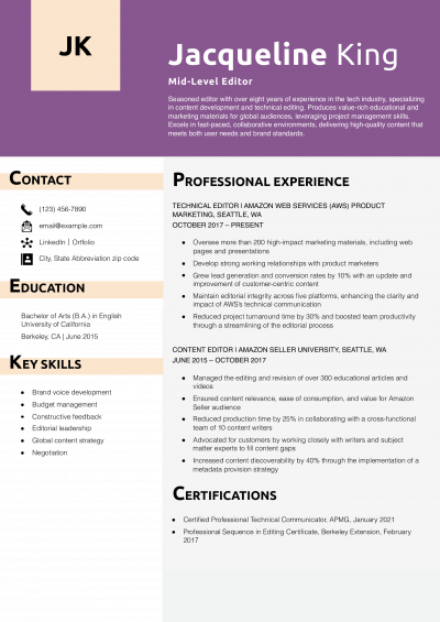 Mid-Level Editor Resume Example