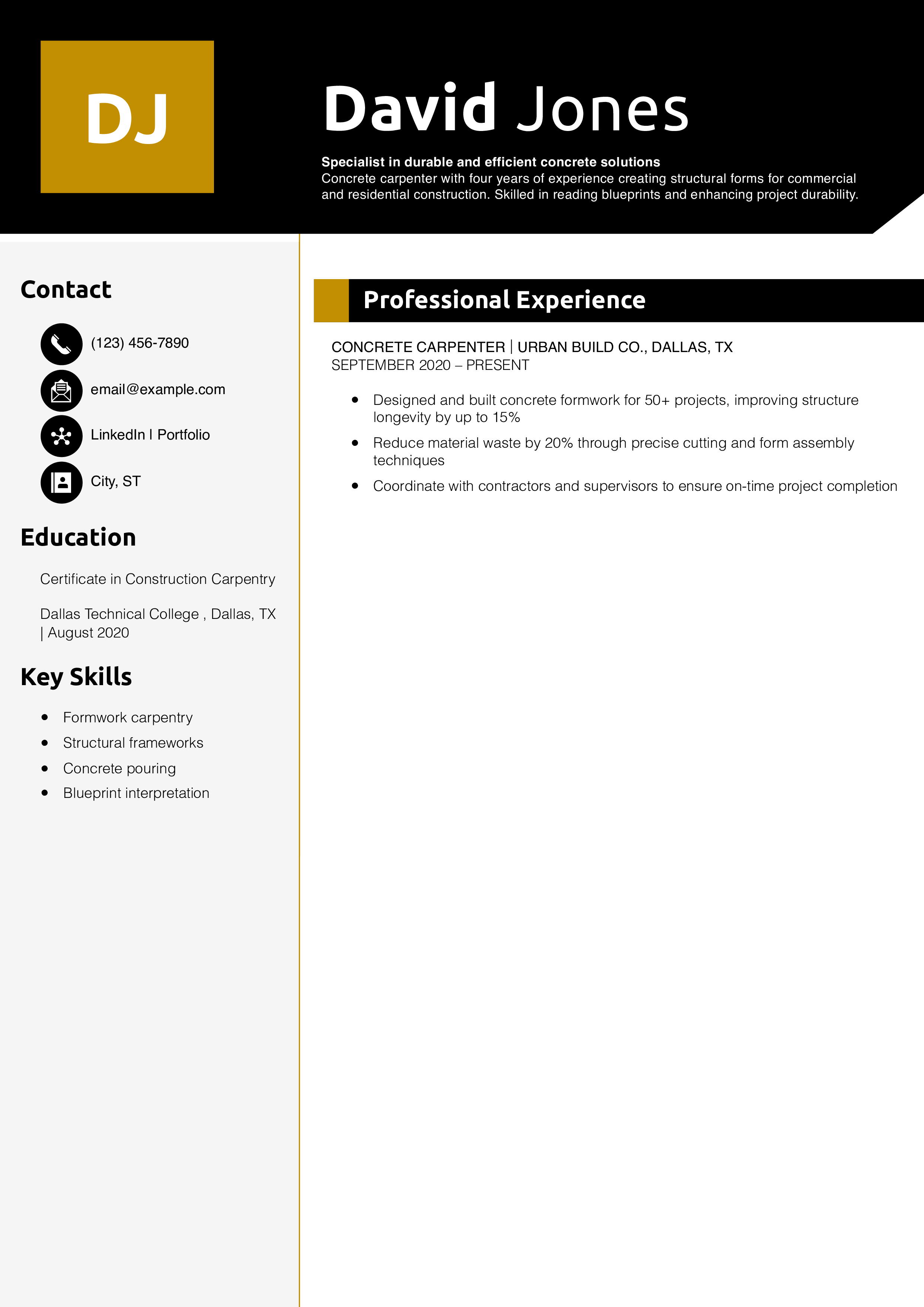 Concrete carpenter resume