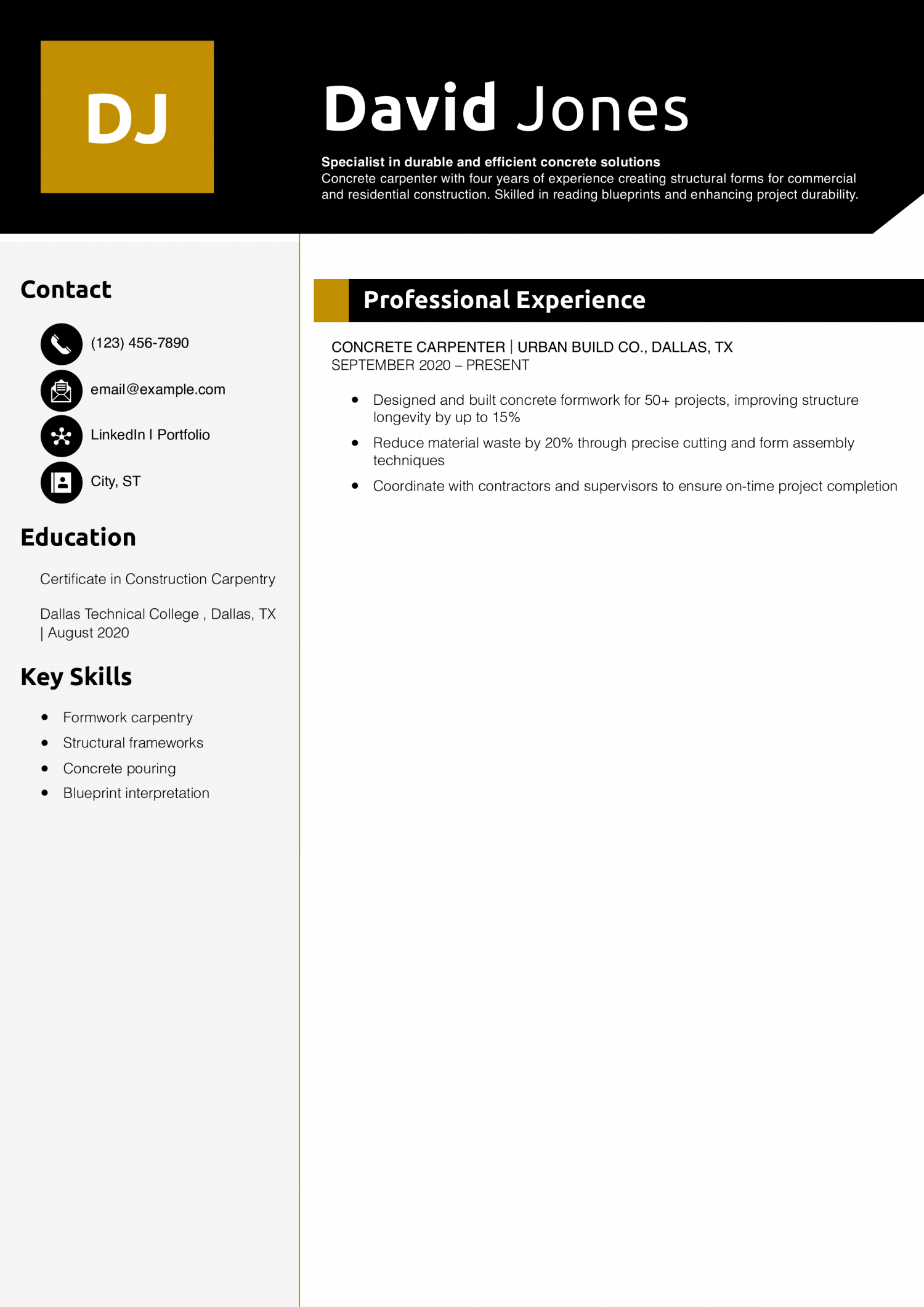 Concrete carpenter resume