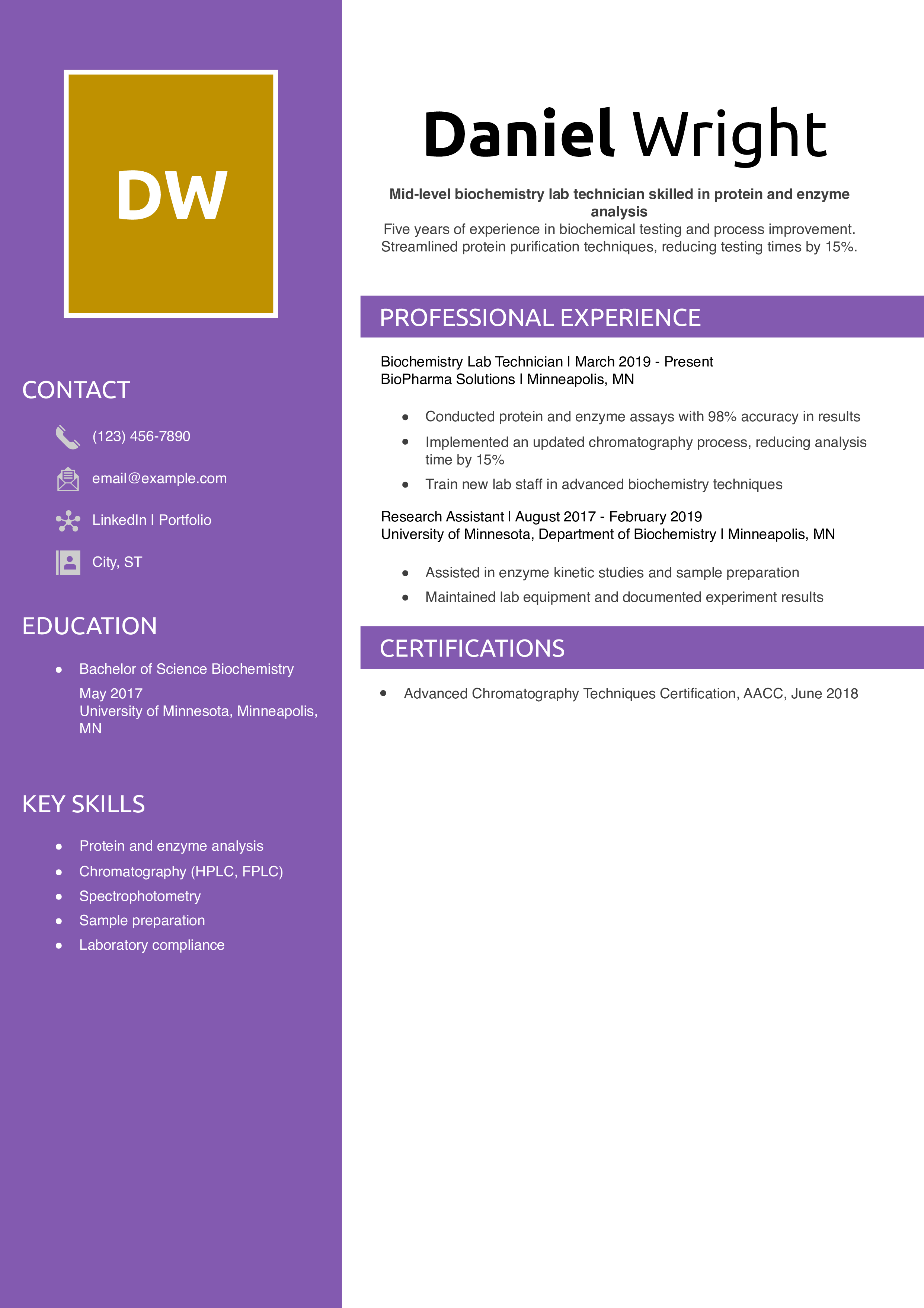 Mid-Level Biochemistry Lab Technician Resume