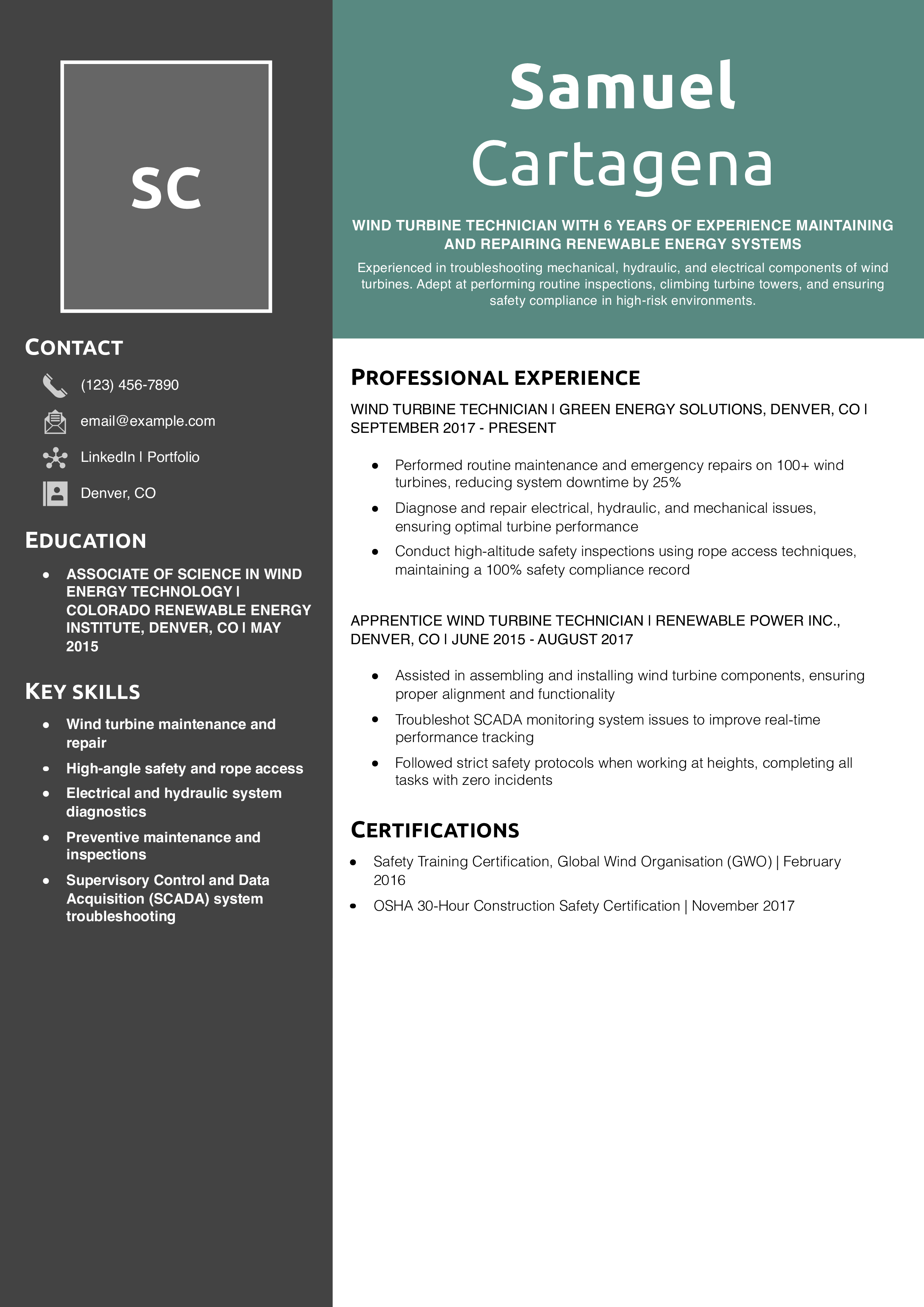 Wind Turbine Technician Resume Example
