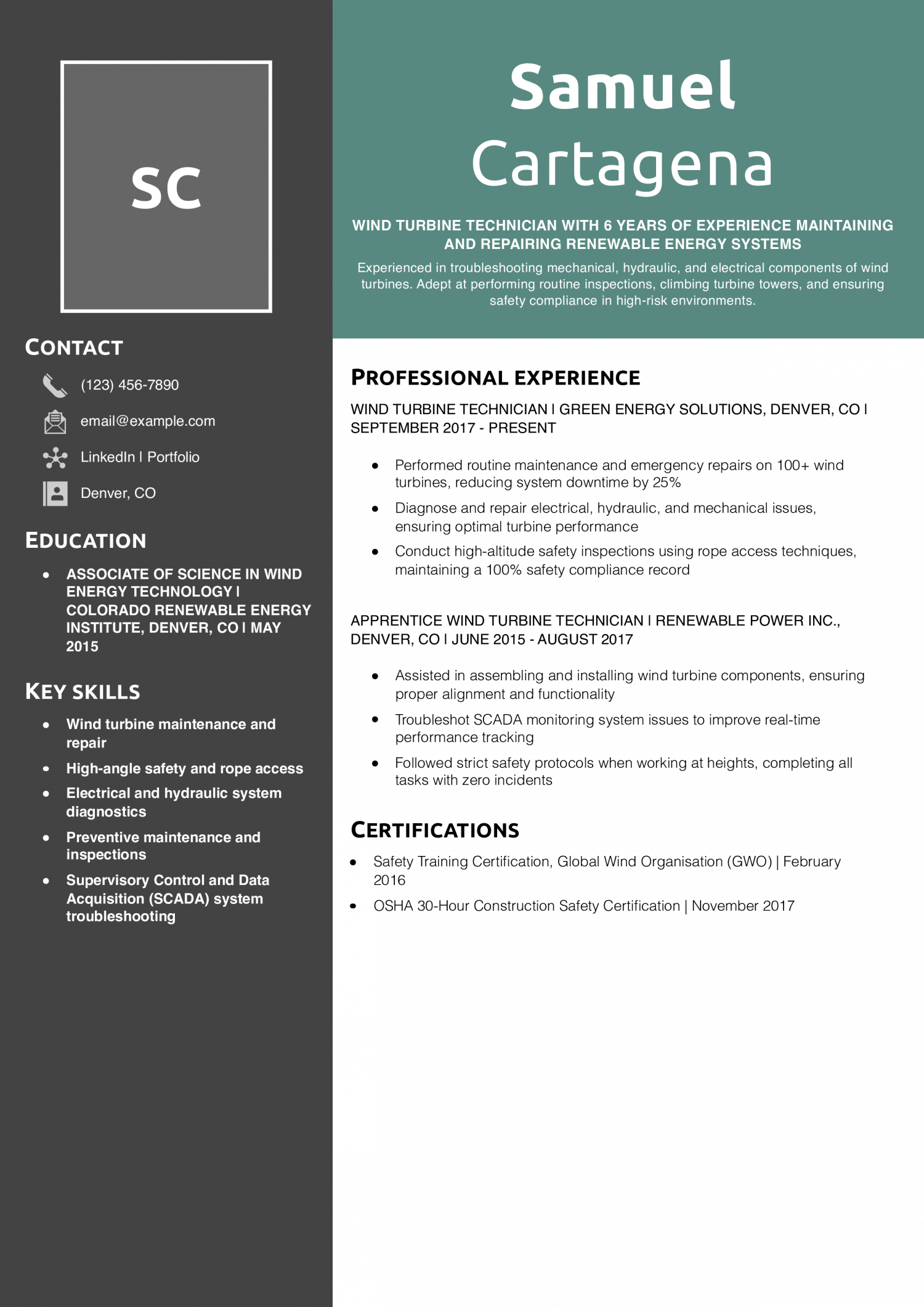 Wind Turbine Technician Resume Example