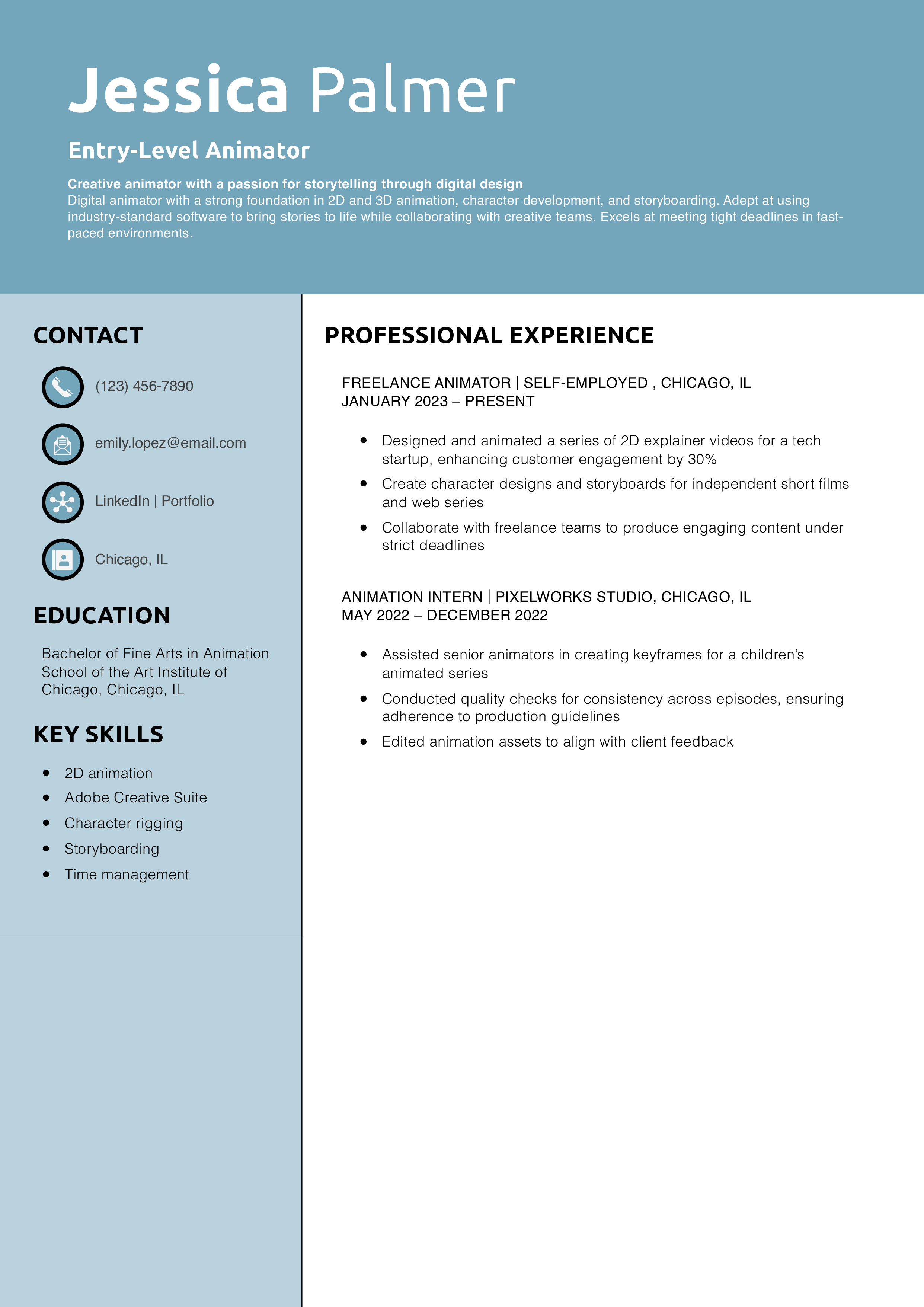 Entry-Level Animator Resume Example